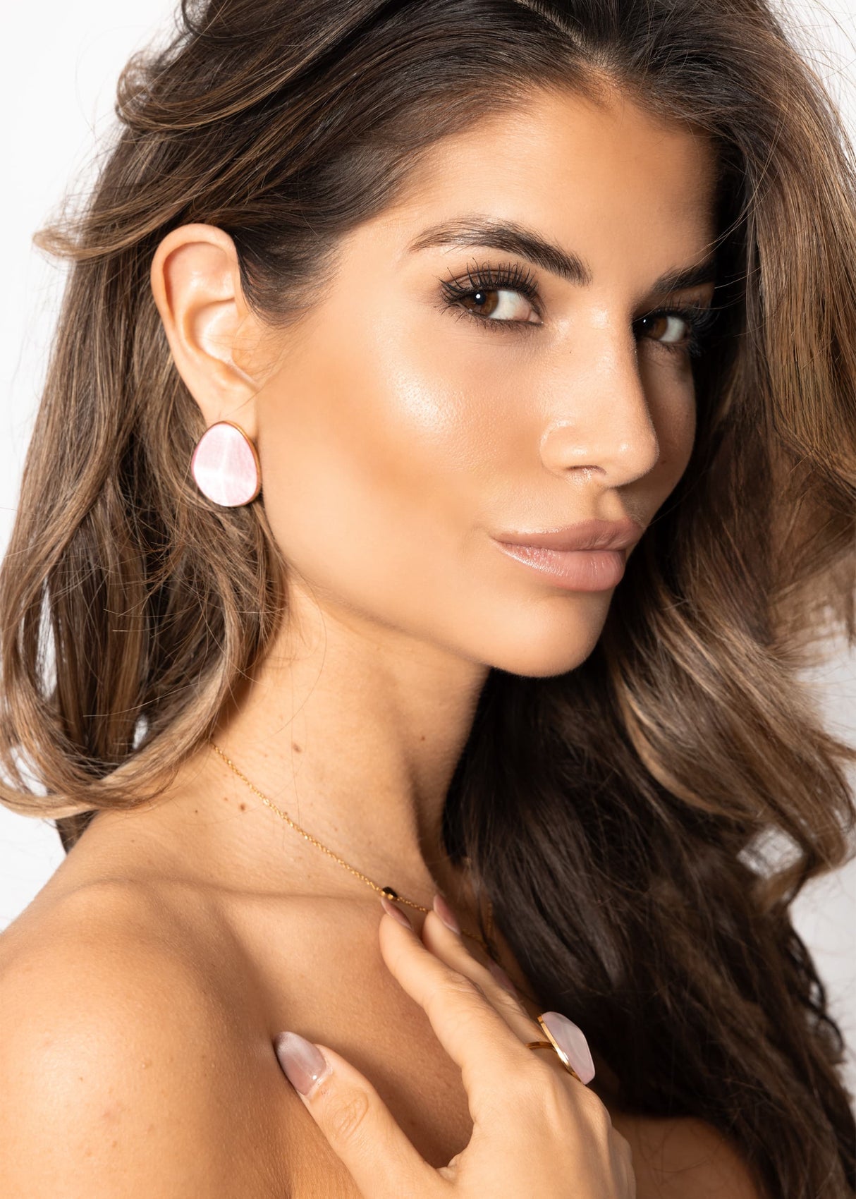 Ear connector with pink jewelry stone - gold