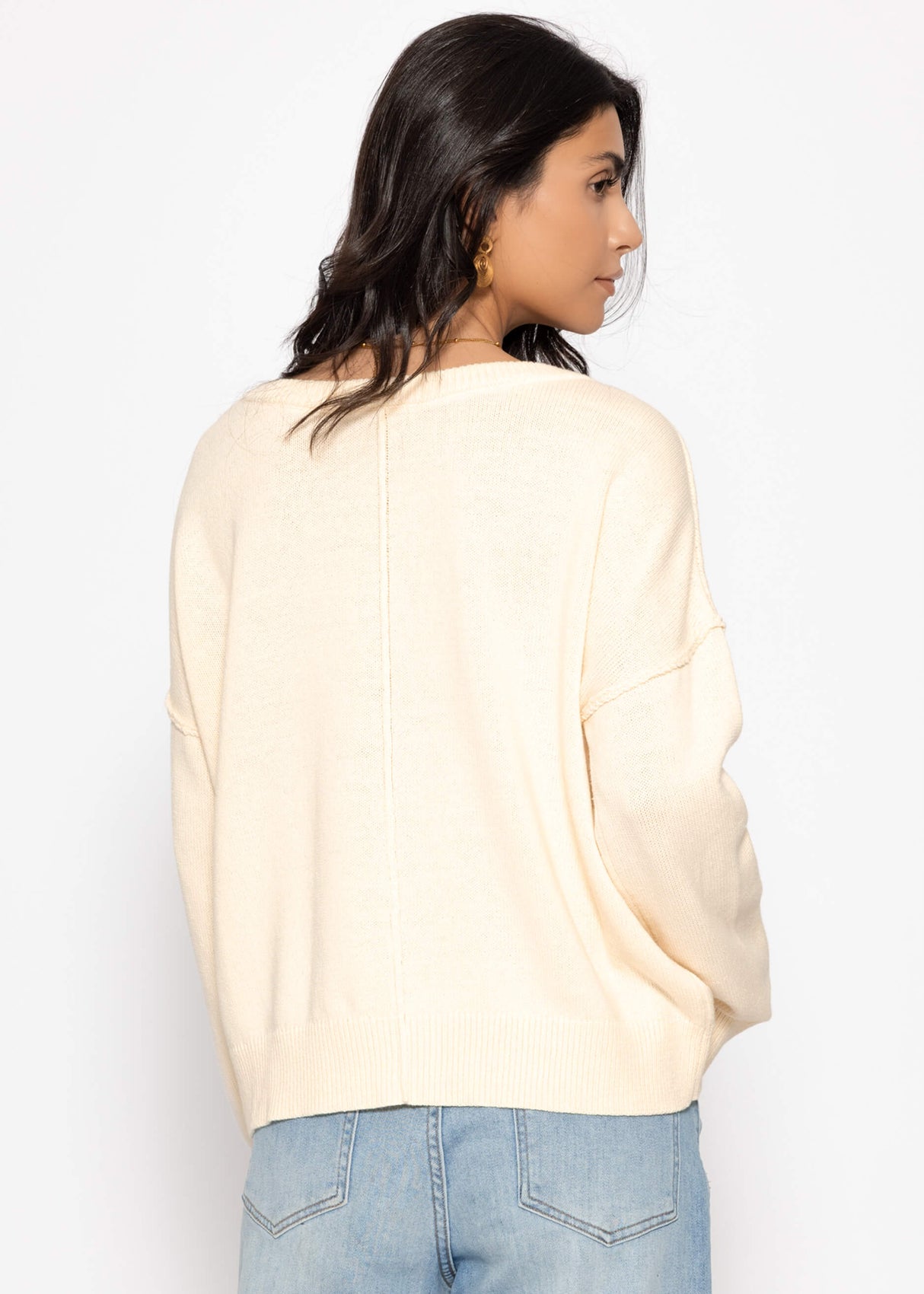 Oversized cotton sweater with back seam - cream