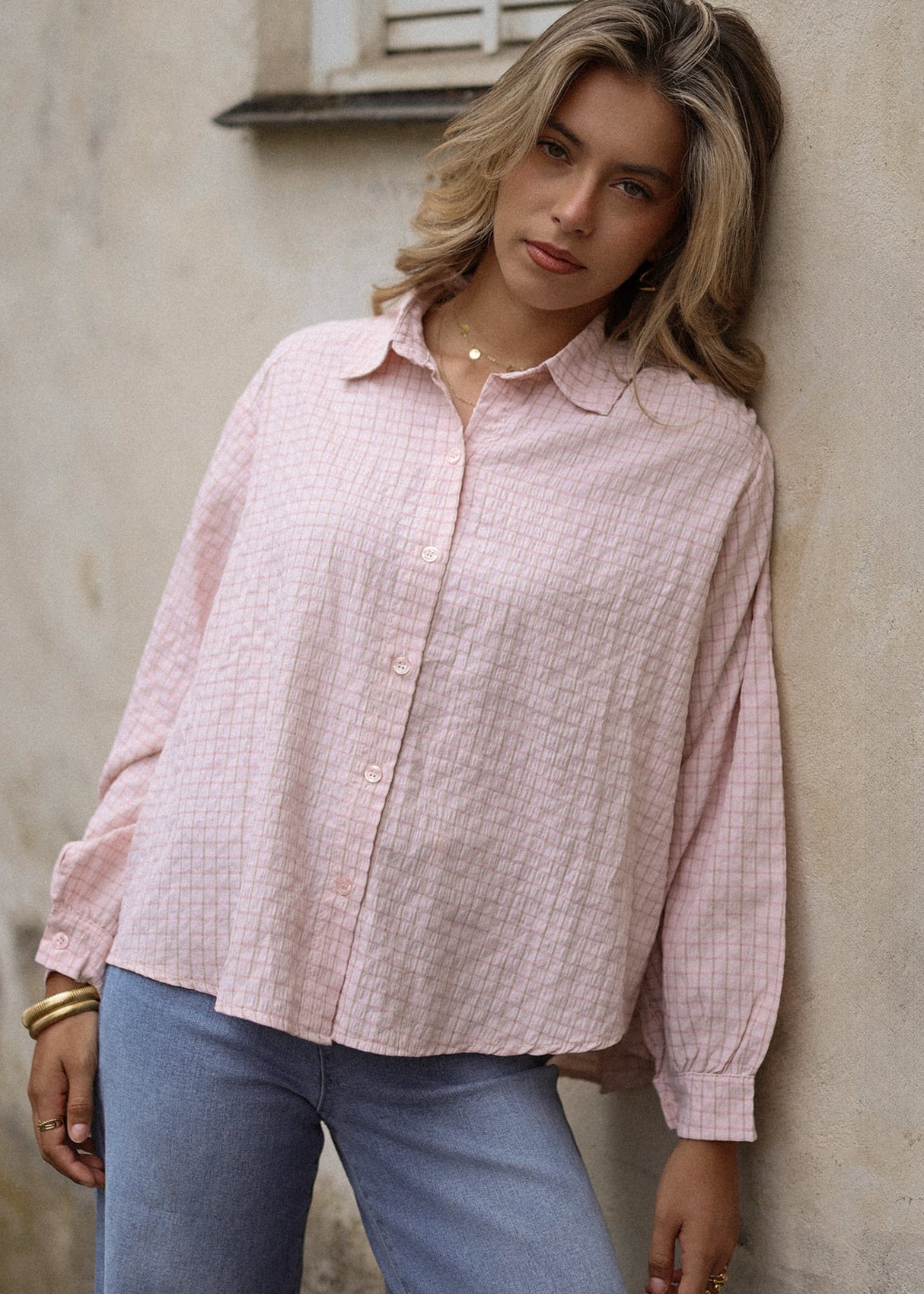 Oversize Bluse mit Karomuster - rosa