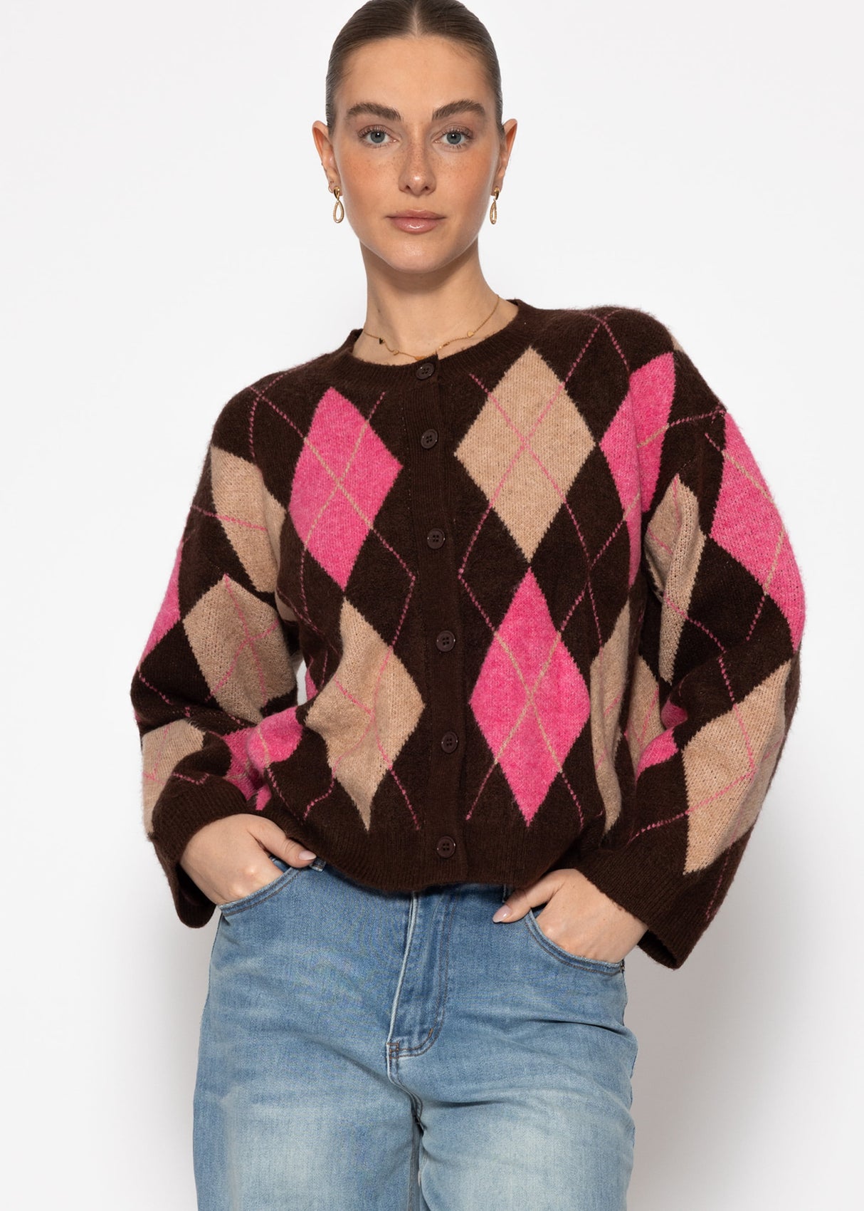 Oversize Cardigan mit Rautenmuster - braun-pink