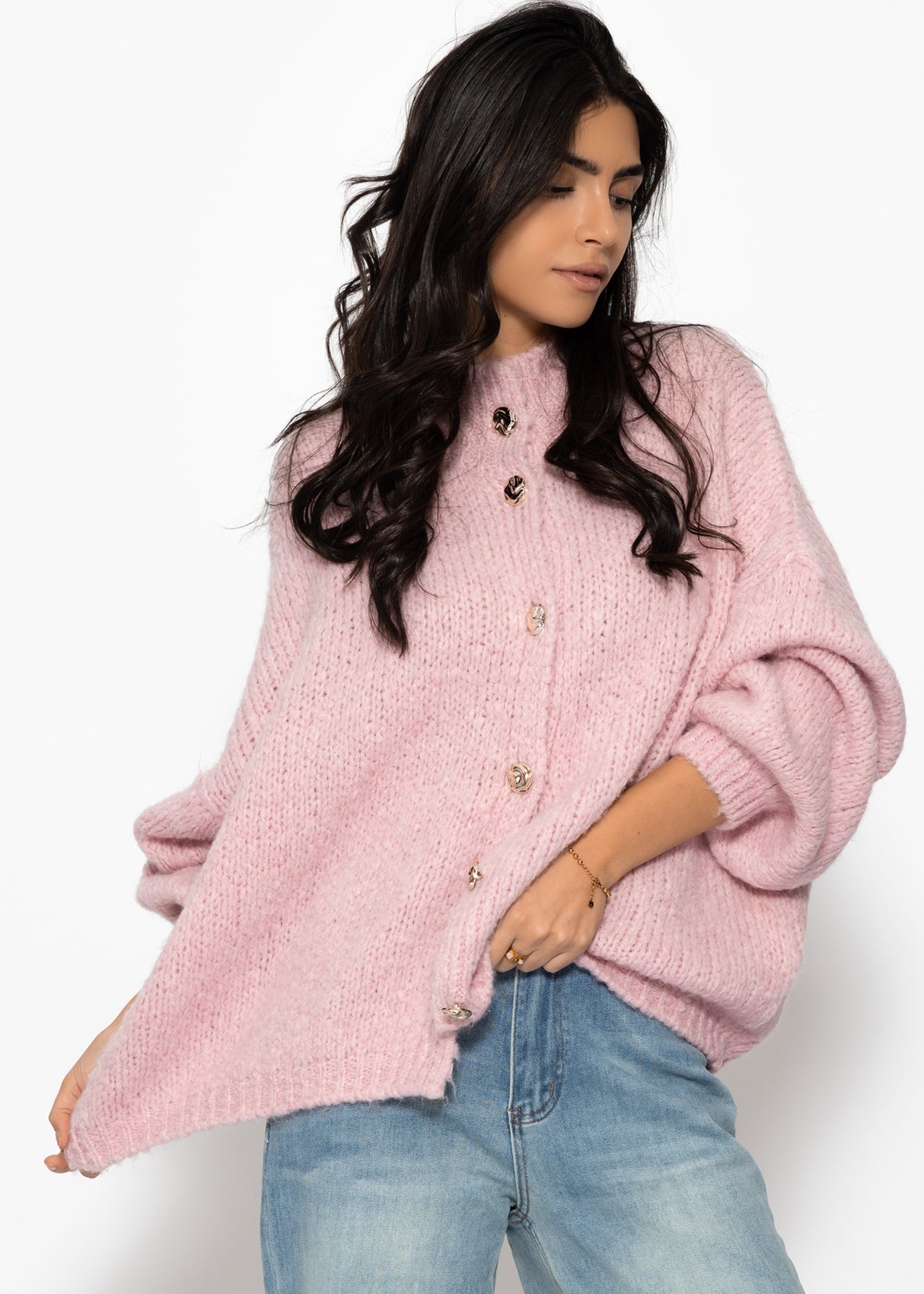 Oversized cardigan with decorative buttons - pink