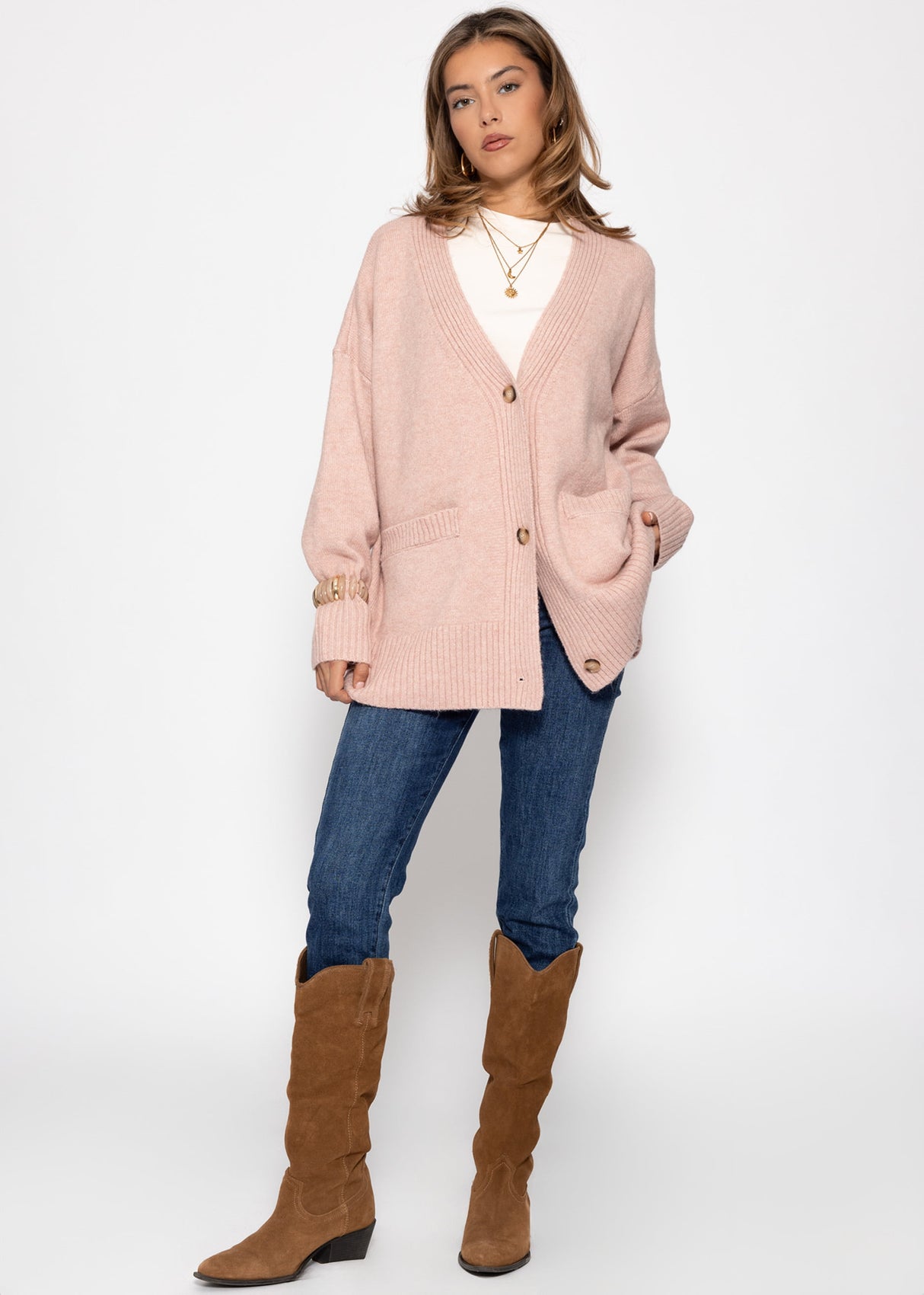 Oversized cardigan with pockets - powder pink