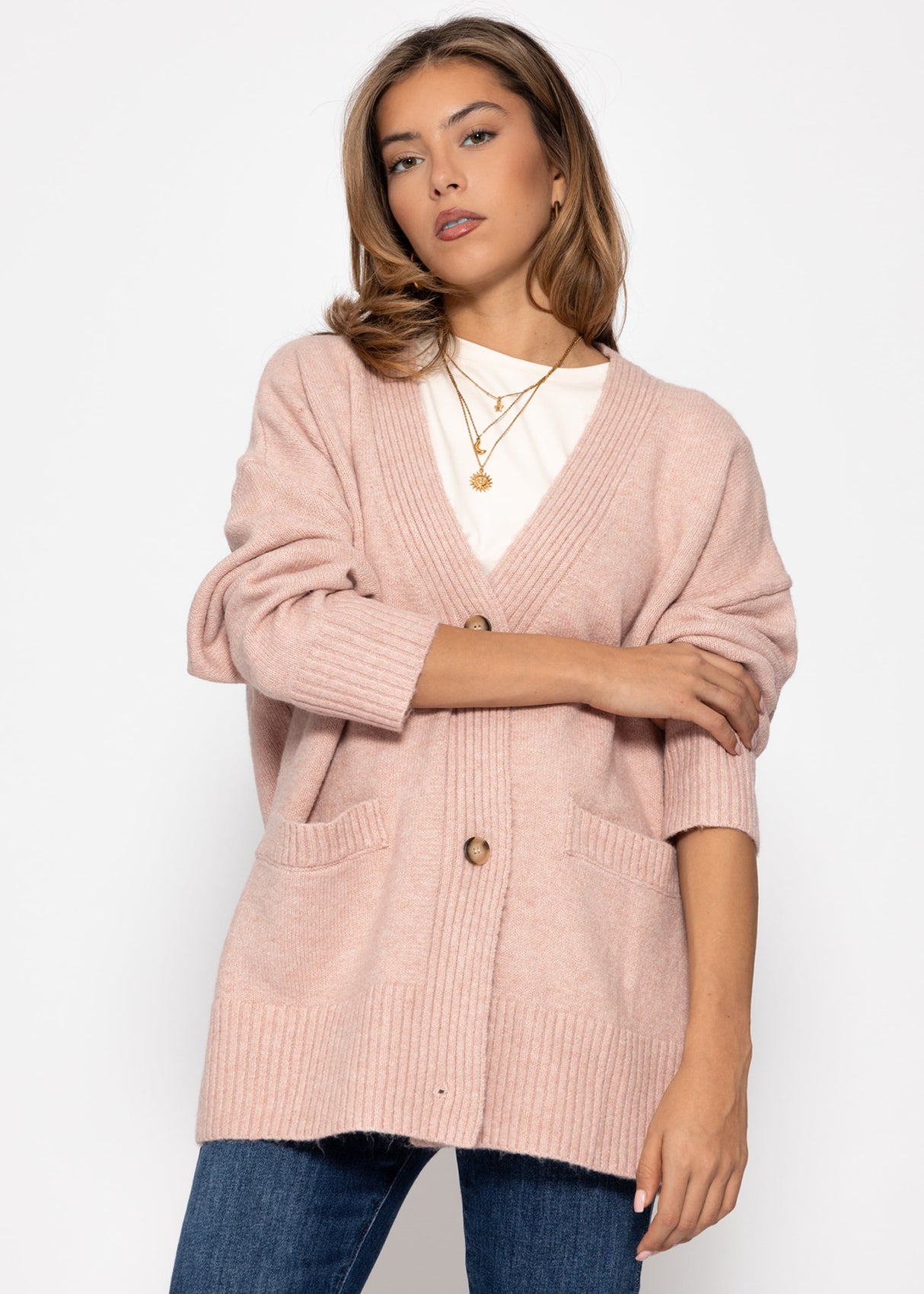 Oversized cardigan with pockets - powder pink