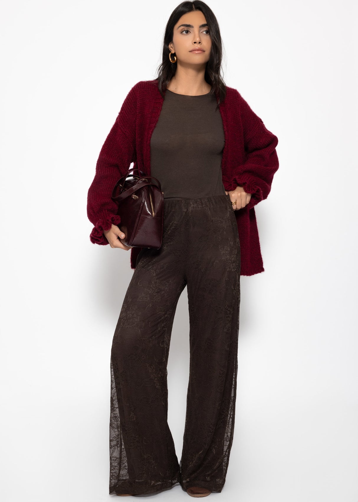 Oversized cardigan with flounce sleeves - burgundy