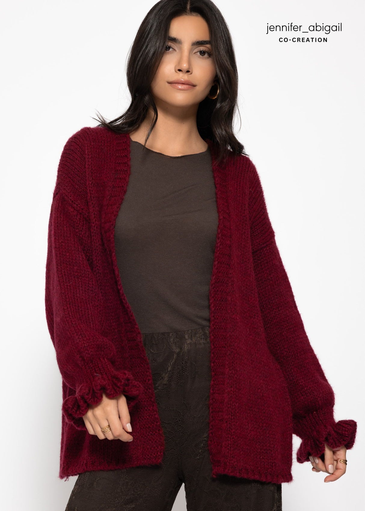 Oversized cardigan with flounce sleeves - burgundy