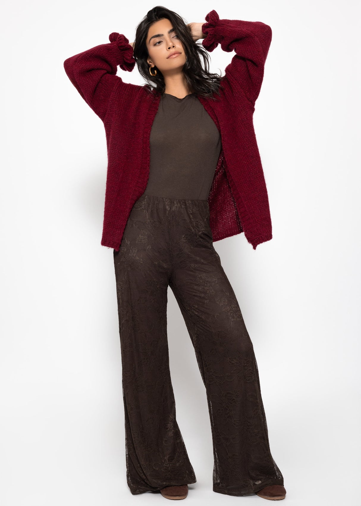 Oversized cardigan with flounce sleeves - burgundy