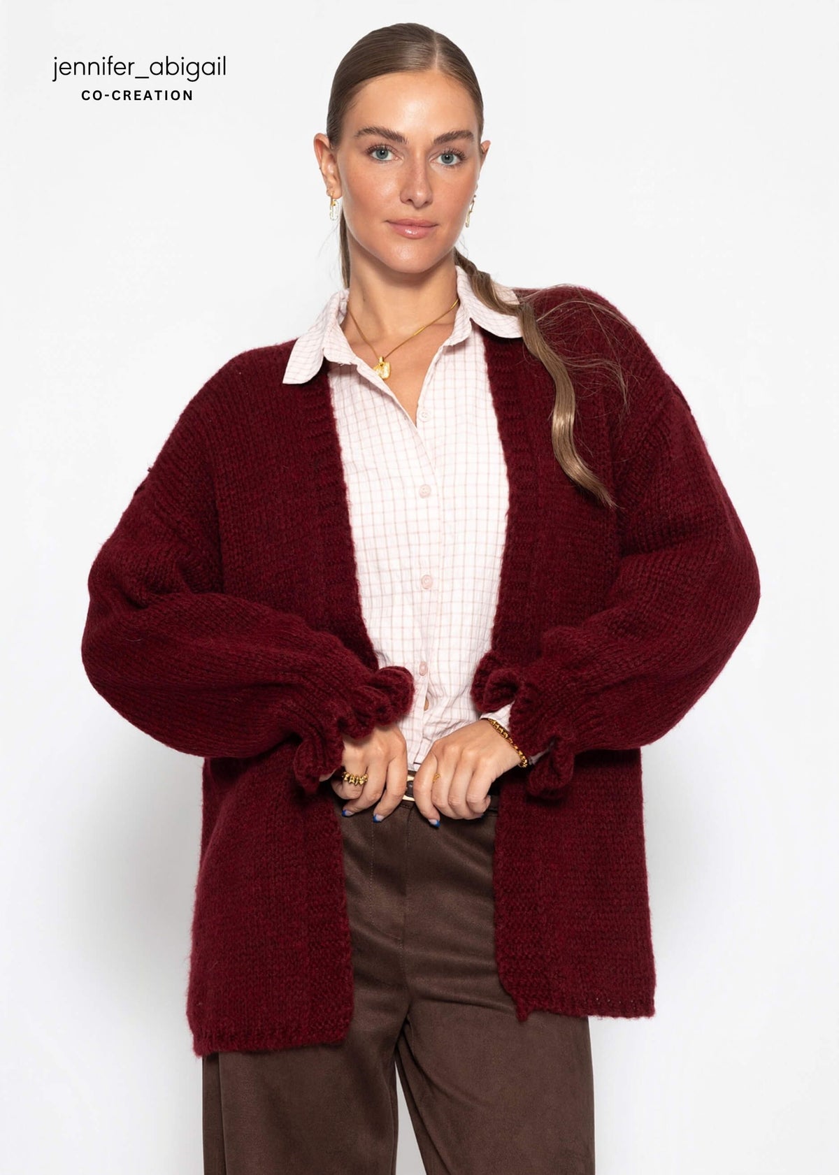 Oversize Cardigan mit Volantärmeln - burgundy