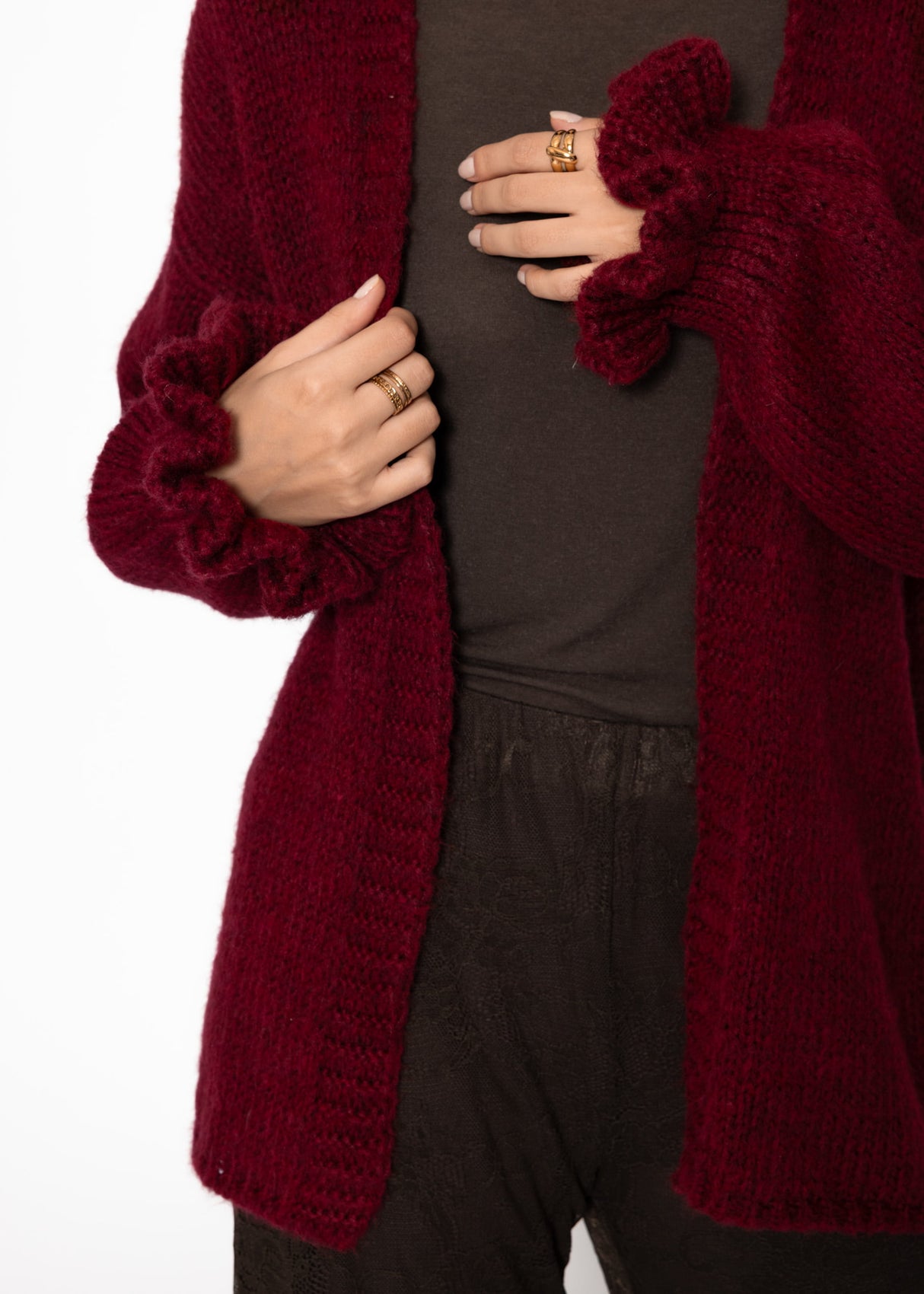 Oversized cardigan with flounce sleeves - burgundy
