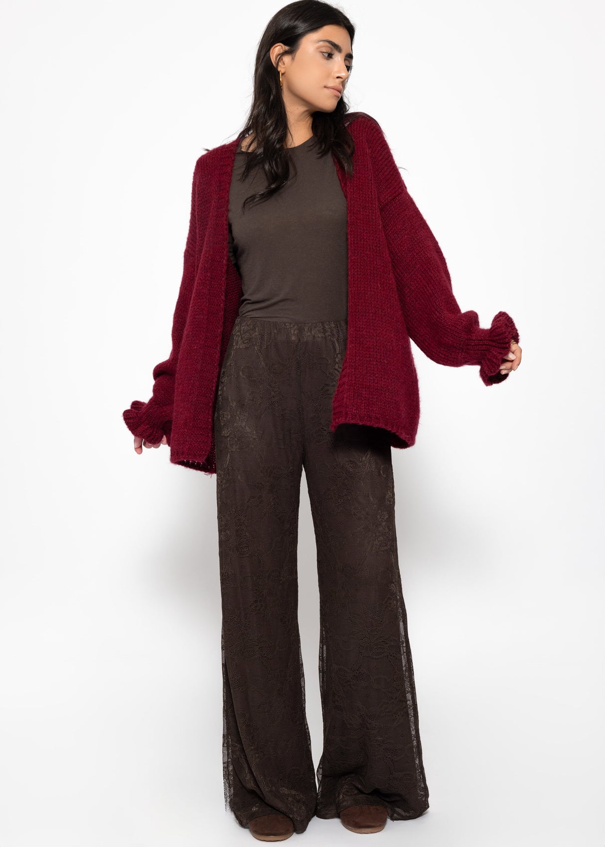 Oversized cardigan with flounce sleeves - burgundy