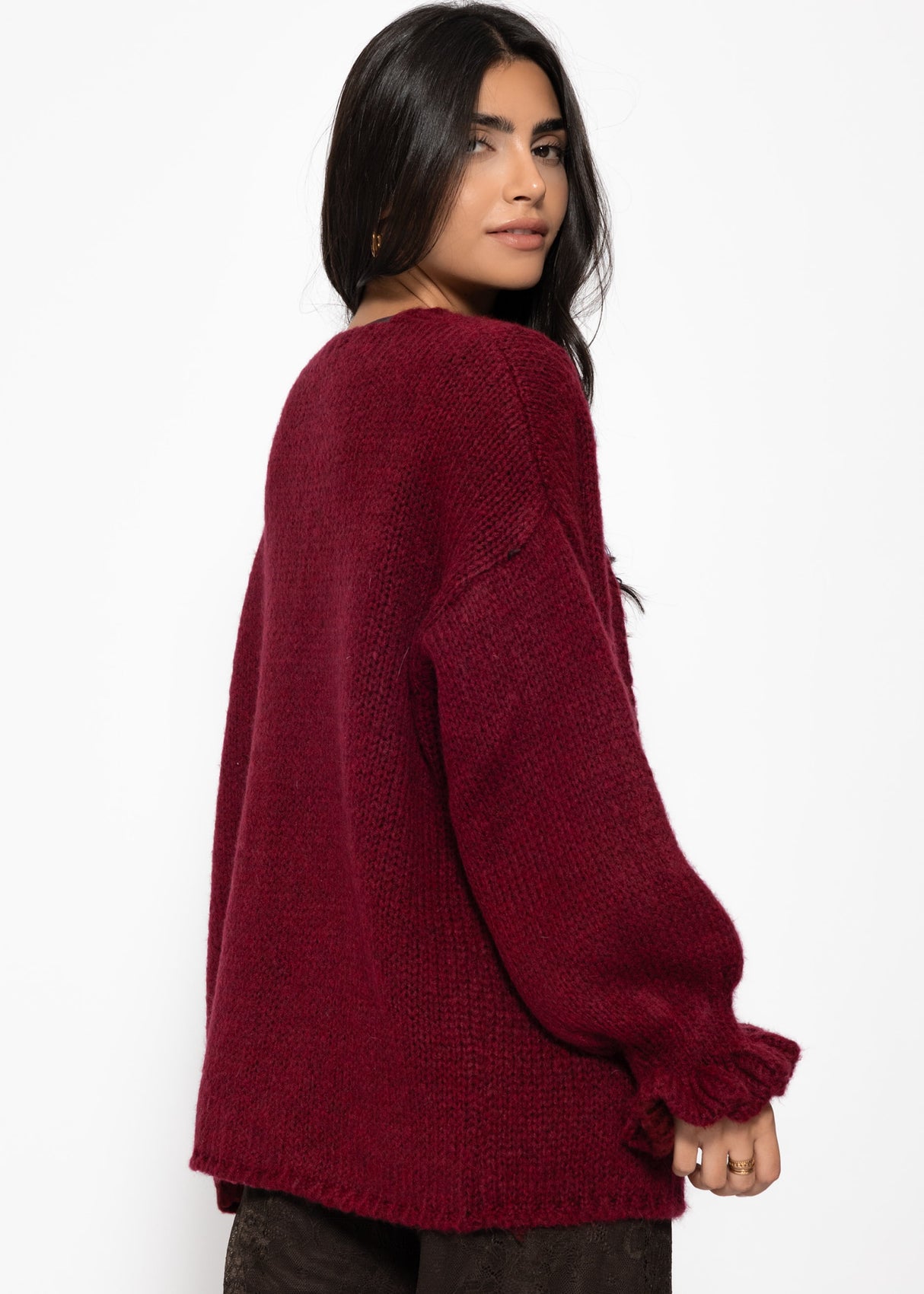 Oversize Cardigan mit Volantärmeln - burgundy