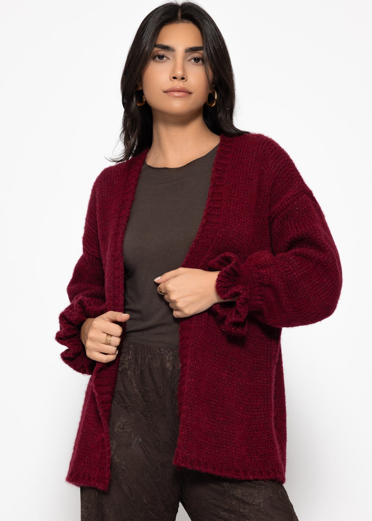 Oversized cardigan with flounce sleeves - burgundy