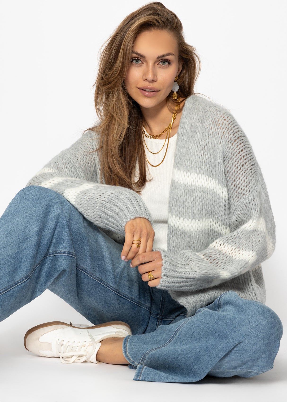 Oversized cardigan with white stripes, light grey