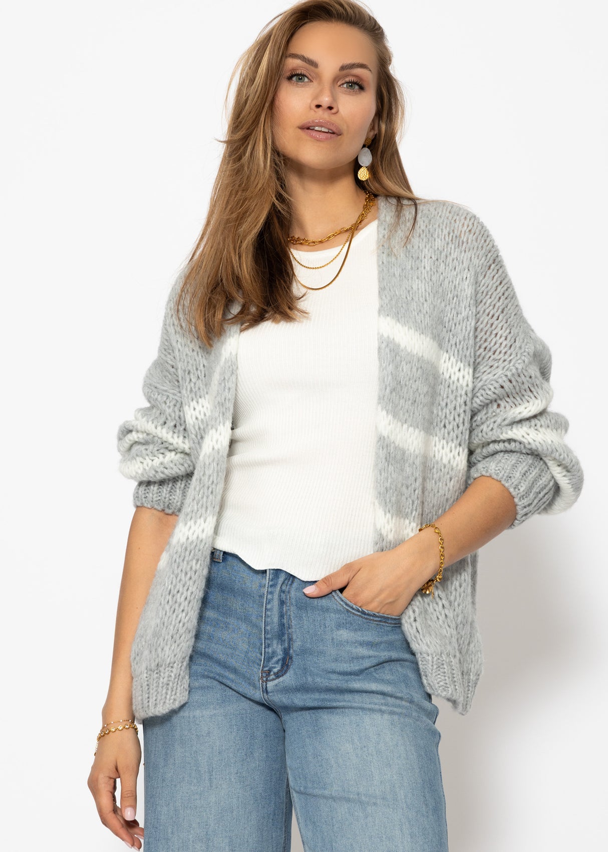 Oversized cardigan with white stripes, light grey