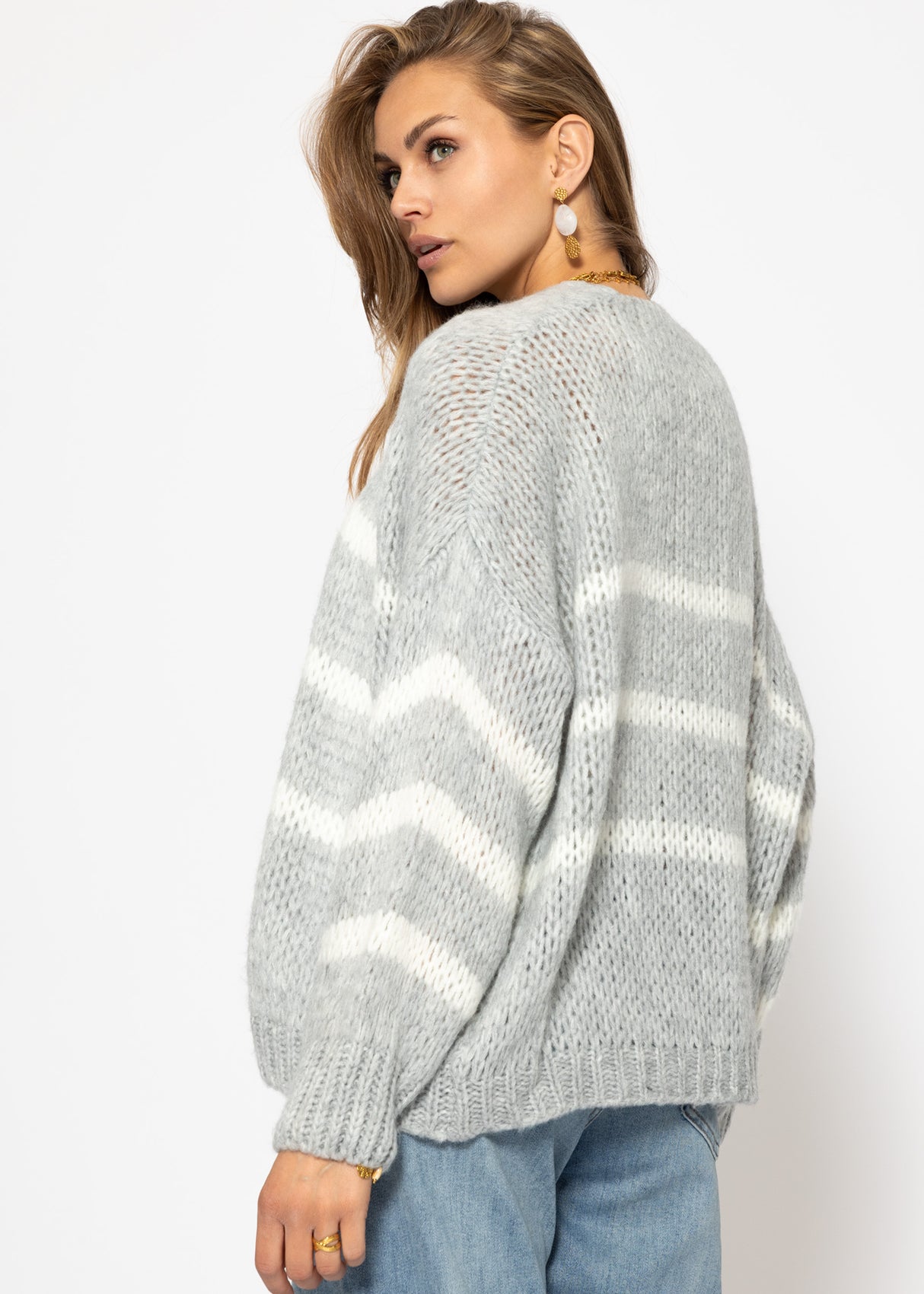 Oversized cardigan with white stripes, light grey