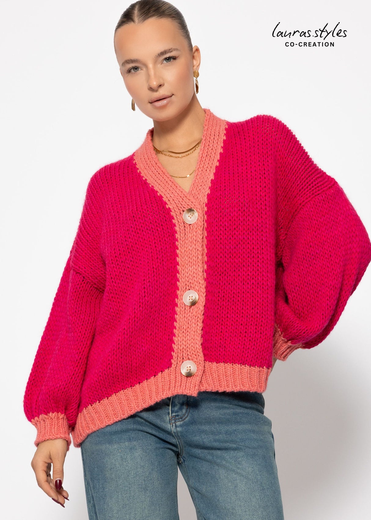 Oversize Cardigan mit Kontrastdetails - pink