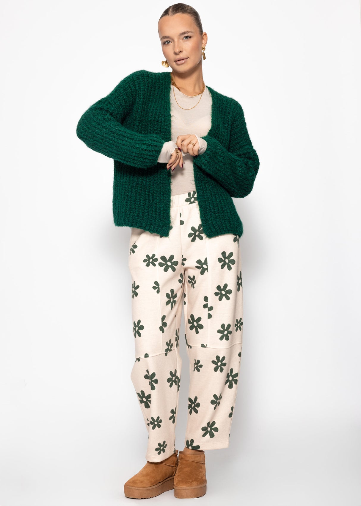 Oversized cardigan with ribbed texture - dark green