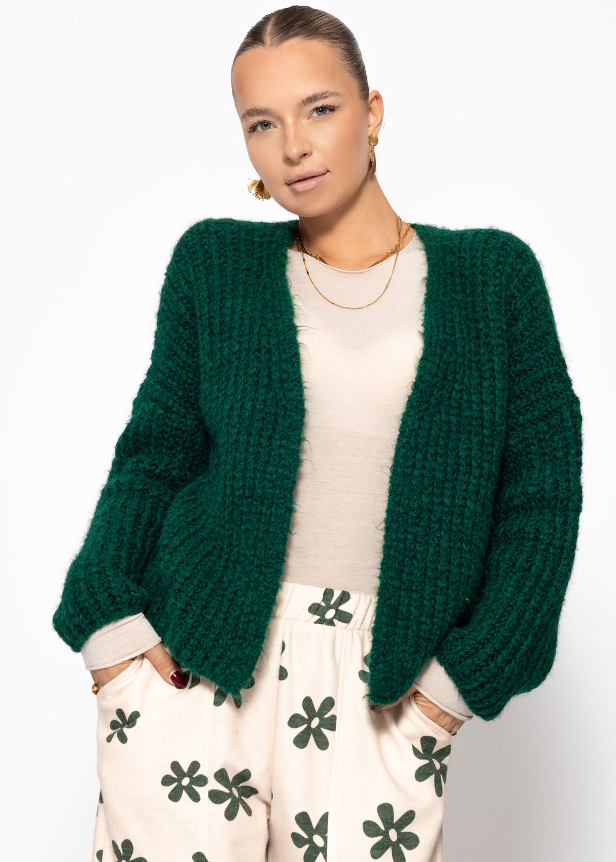 Oversized cardigan with ribbed texture - dark green