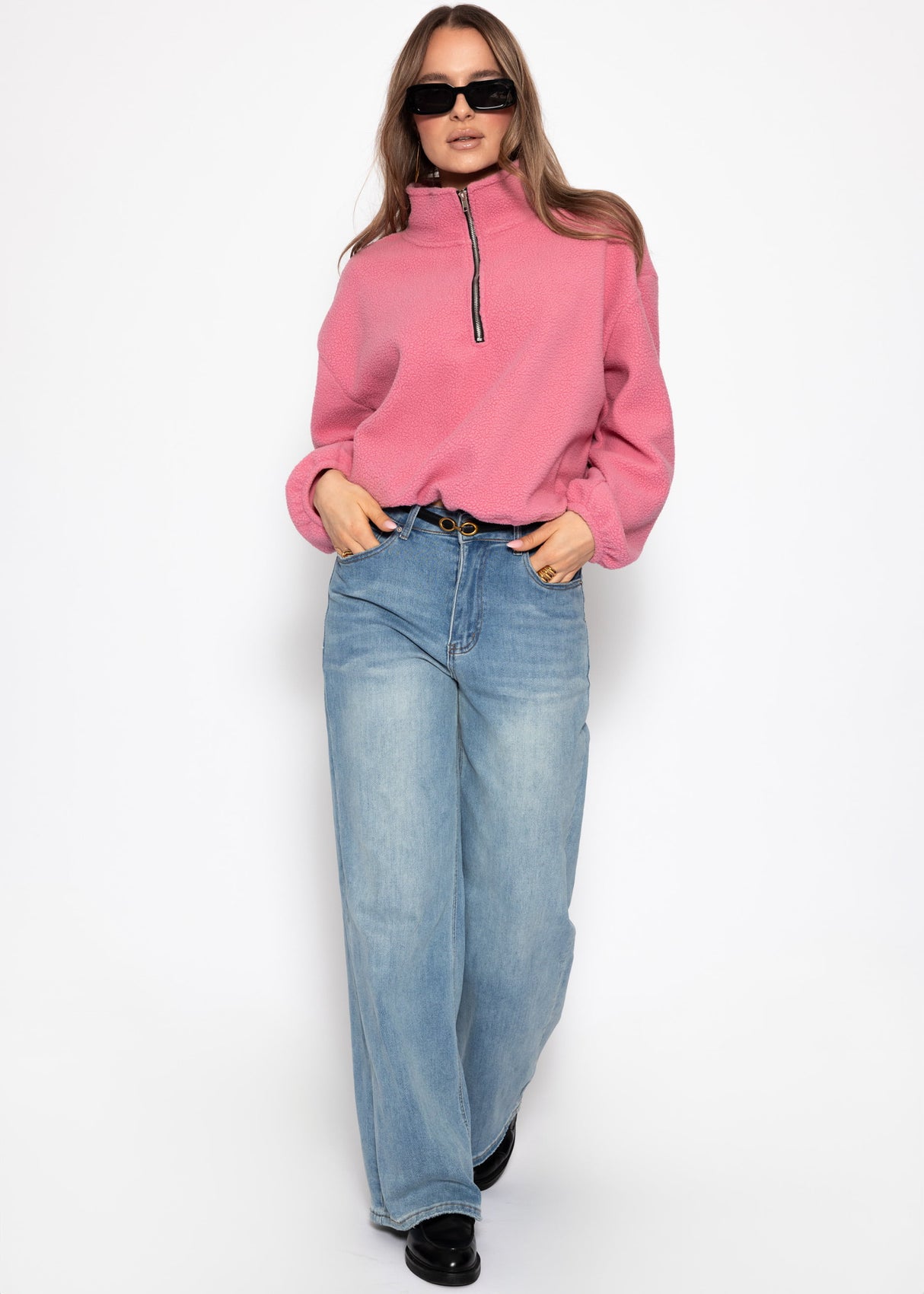 Oversize Fleece Sweatshirt mit Reißverschluss - rosa
