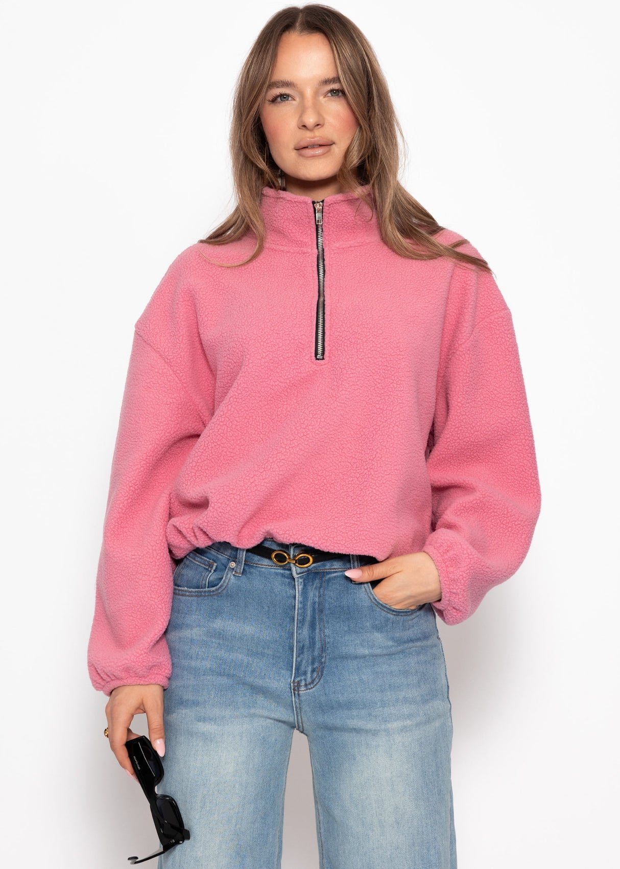 Oversize Fleece Sweatshirt mit Reißverschluss - rosa