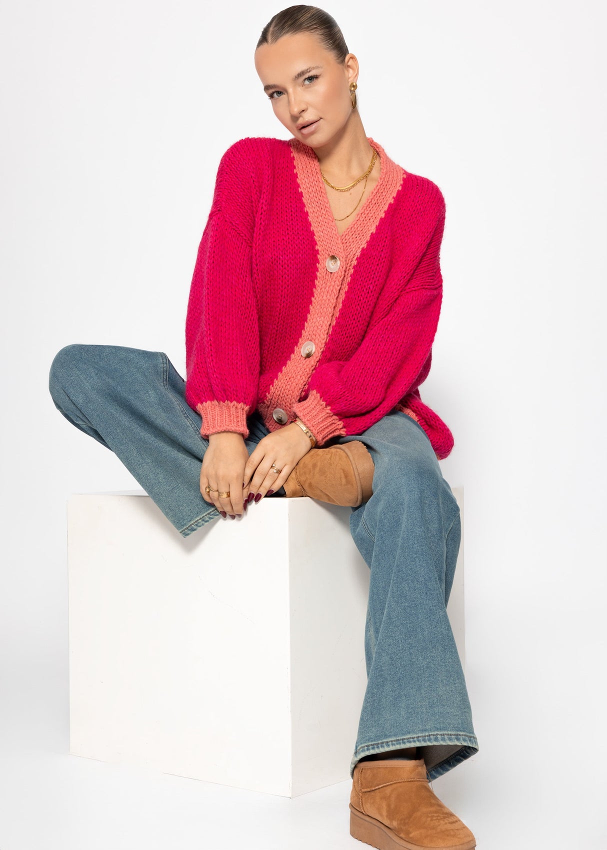 Oversize Cardigan mit Kontrastdetails - pink