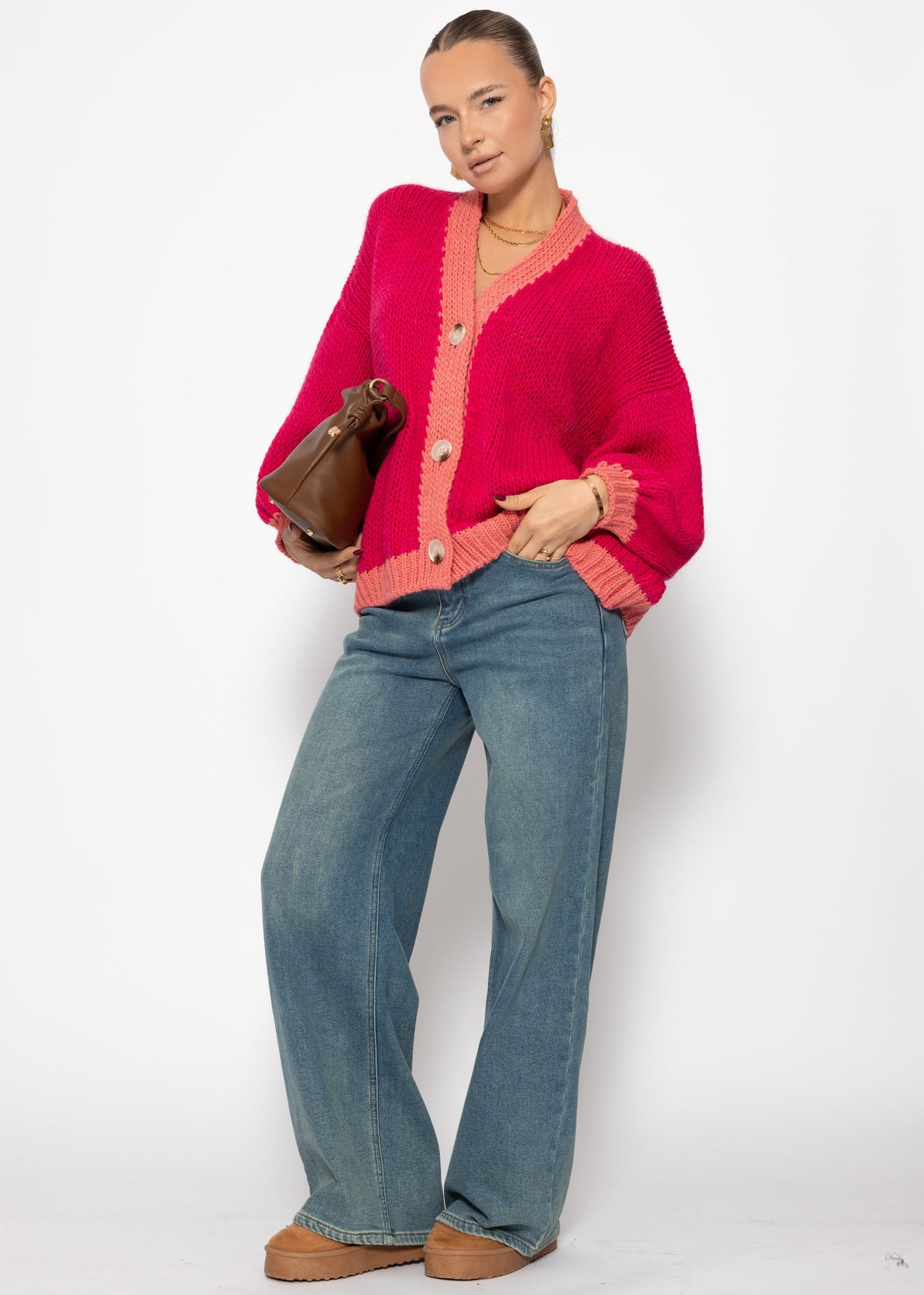 Oversize Cardigan mit Kontrastdetails - pink