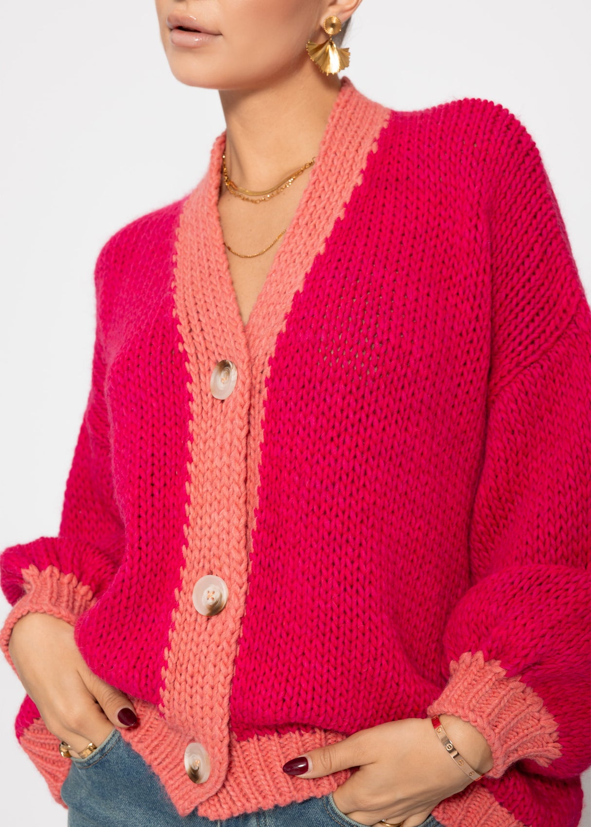 Oversize Cardigan mit Kontrastdetails - pink