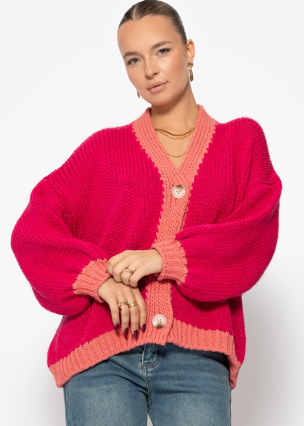 Oversize Cardigan mit Kontrastdetails - pink