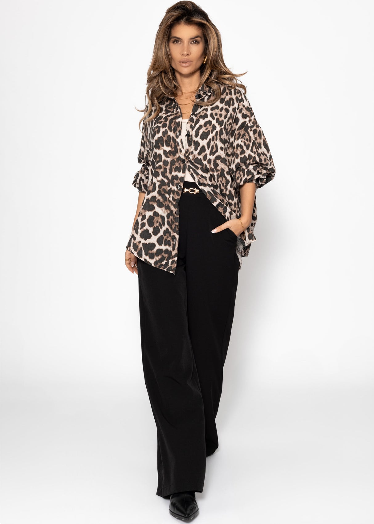 Oversize muslin blouse with leopard print - light beige