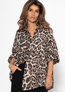 Oversize Musselin Bluse mit Leo-Print - hellbeige