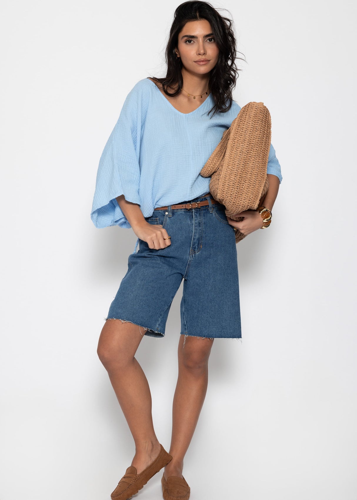 Oversized muslin shirt with drawstring - light blue