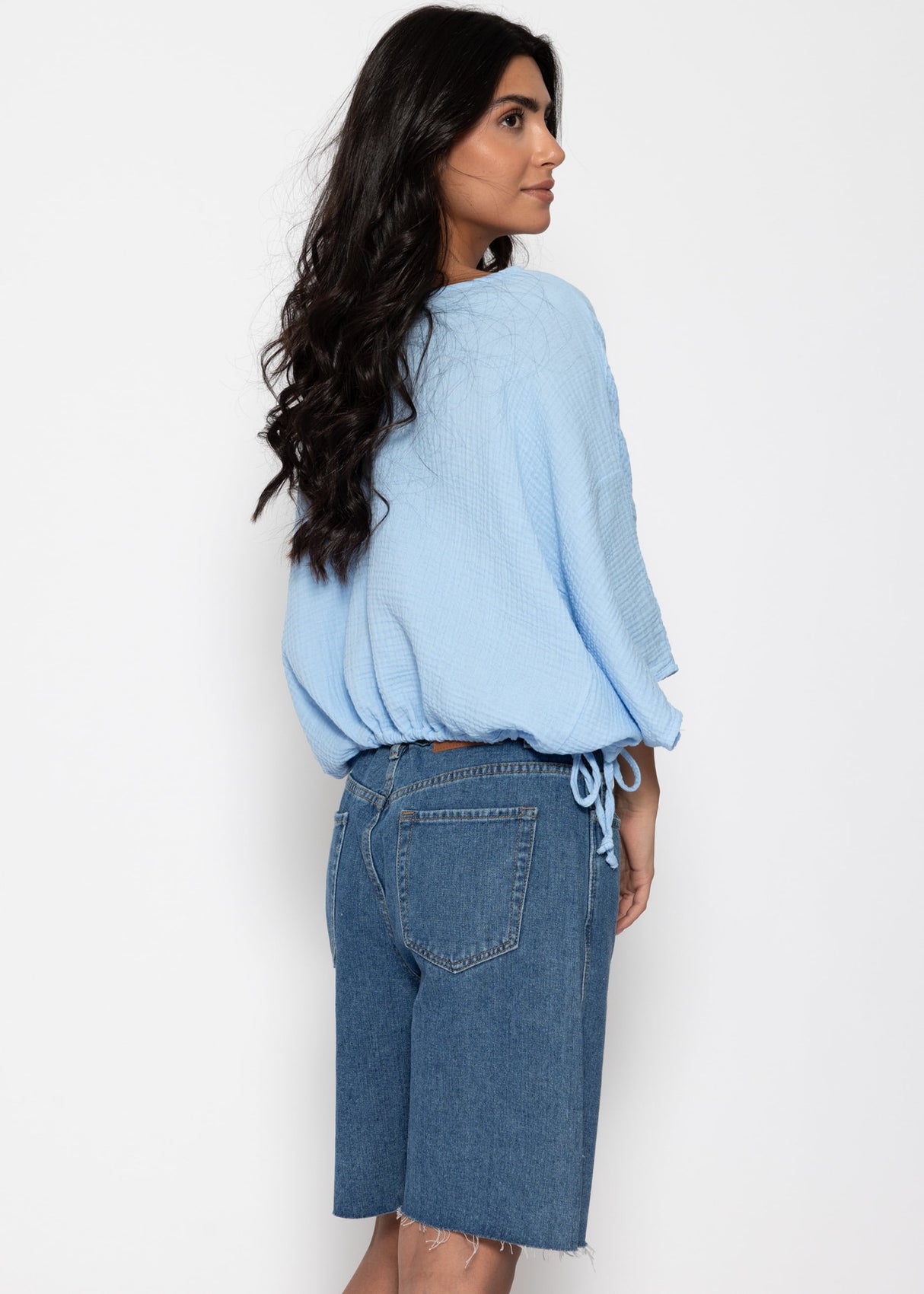 Oversized muslin shirt with drawstring - light blue