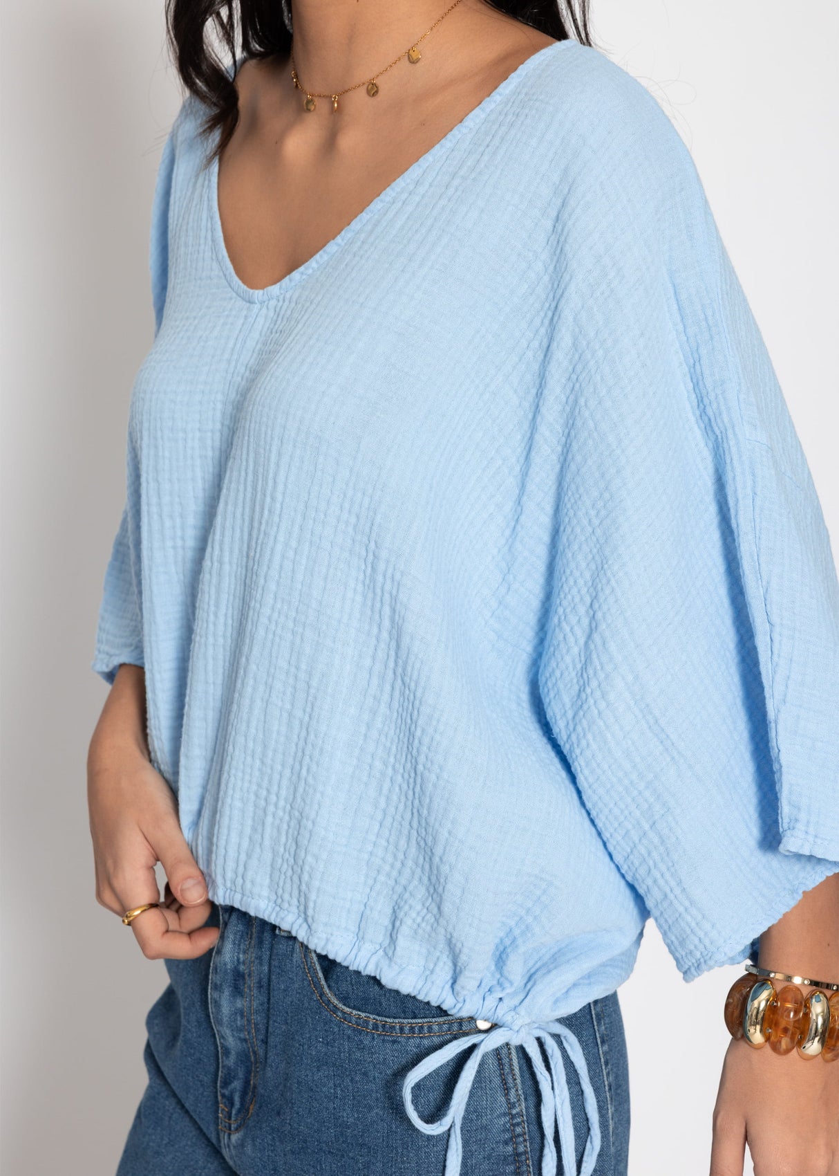 Oversized muslin shirt with drawstring - light blue