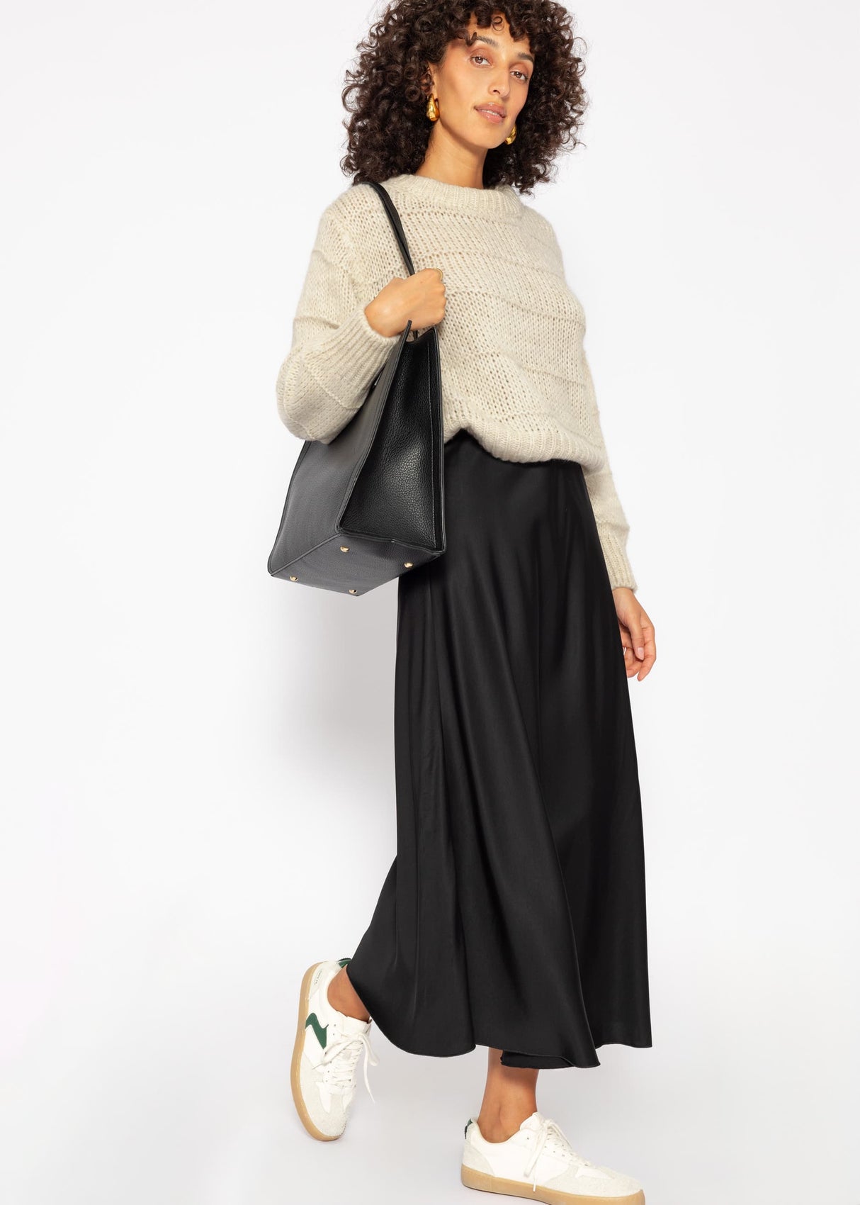 Oversized sweater with textured stripes - beige