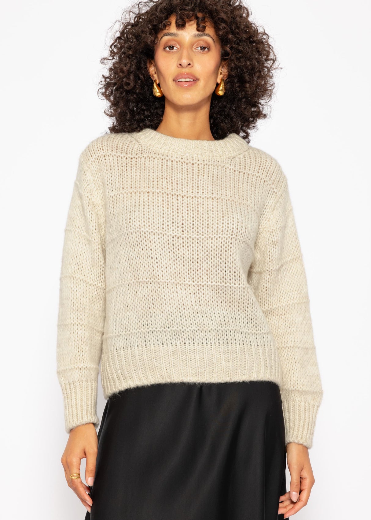Oversized sweater with textured stripes - beige