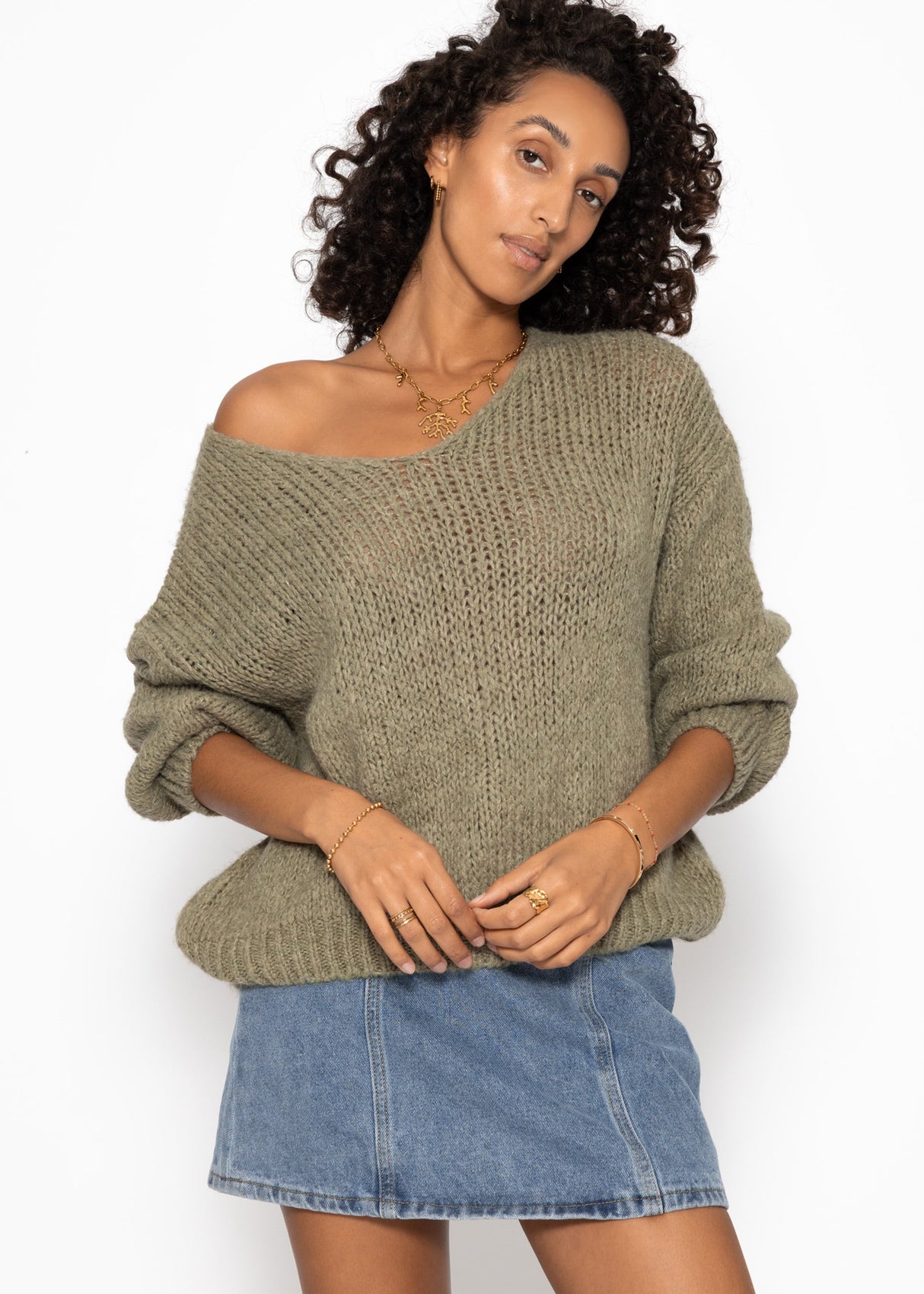 Oversize Pullover mit V-Ausschnitt - khaki
