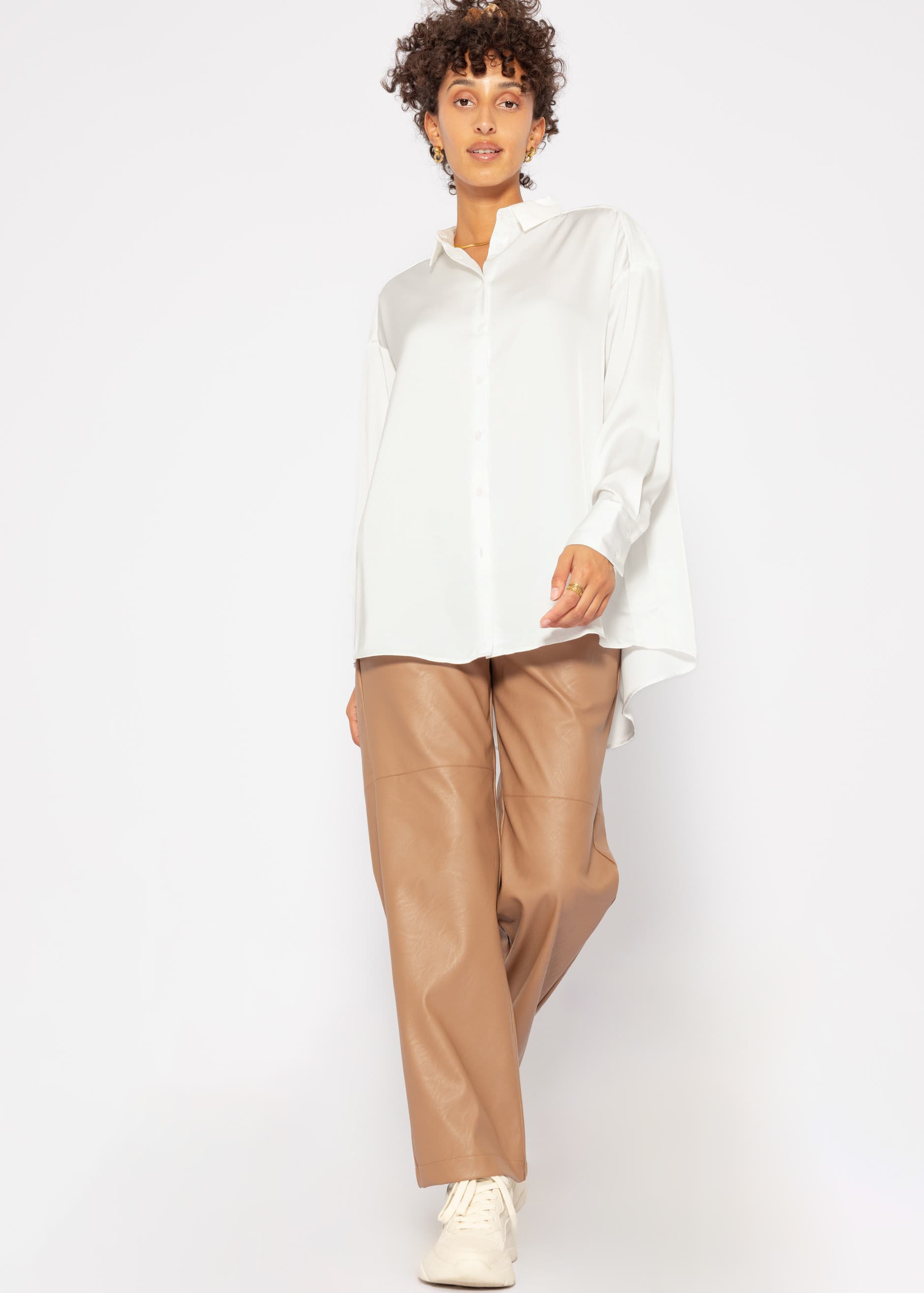 Casual, flowing satin blouse - off-white