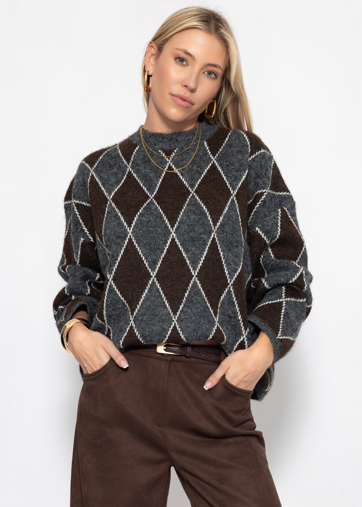 Oversize Strickpullover mit Rautenmuster - grau-braun
