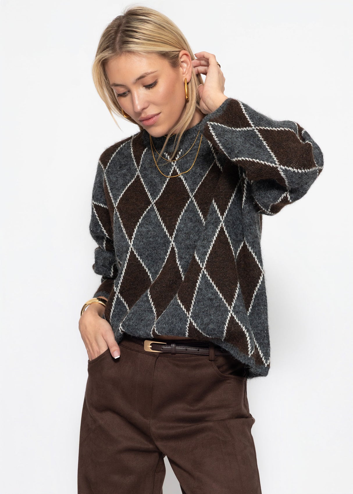 Oversize Strickpullover mit Rautenmuster - grau-braun