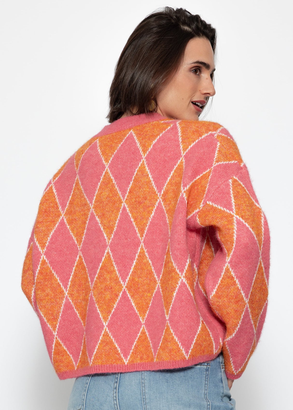 Oversize Strickpullover mit Rautenmuster - pink-orange