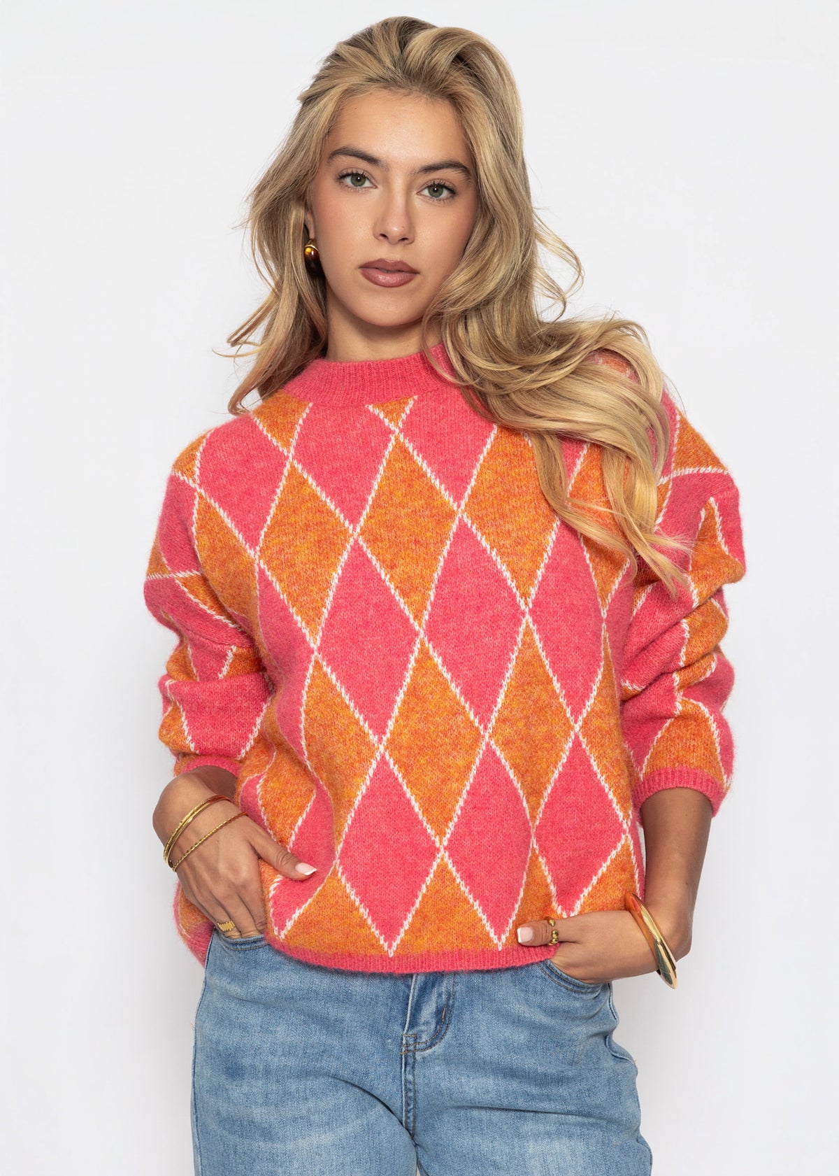 Oversize Strickpullover mit Rautenmuster - pink-orange