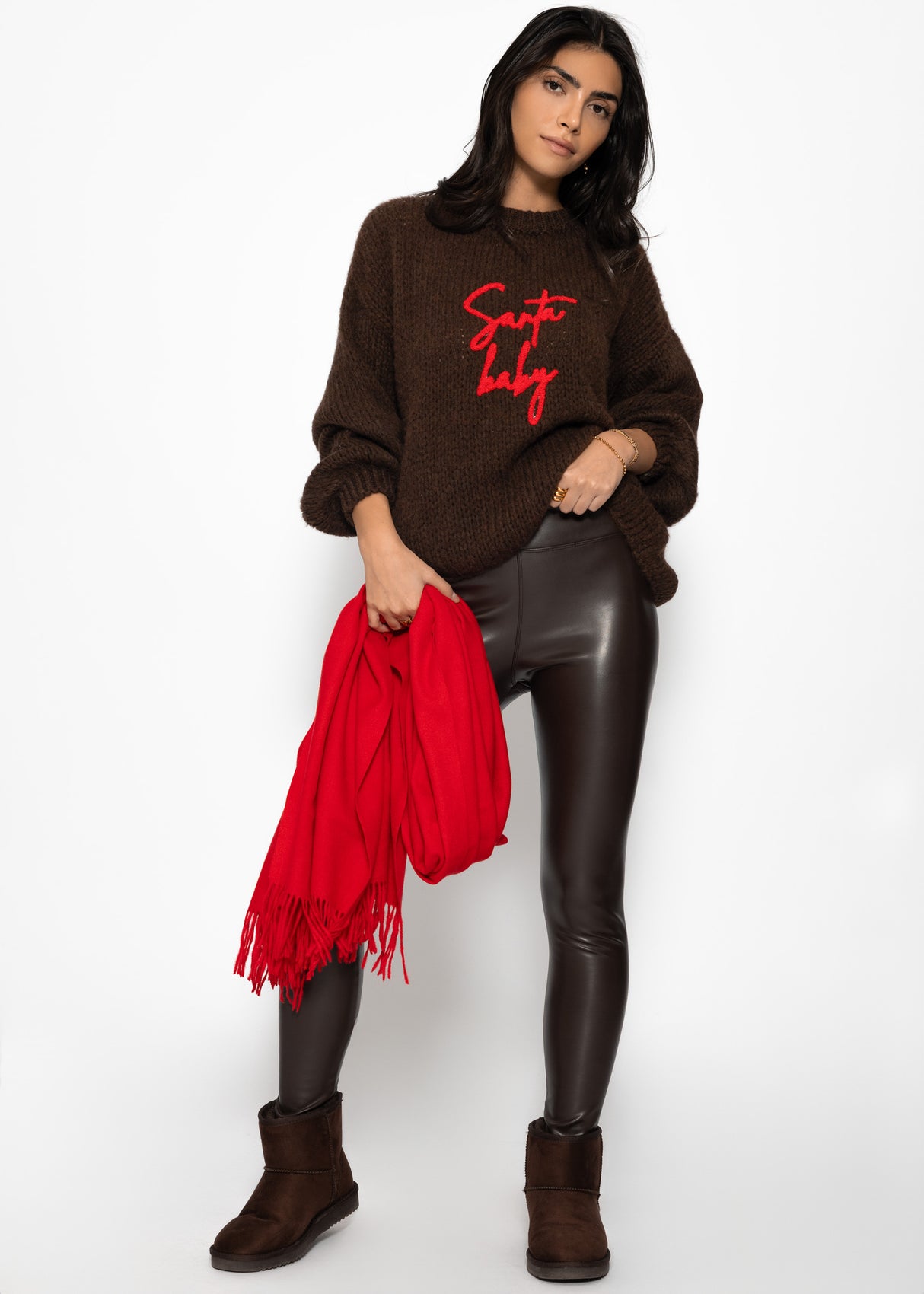 Oversized knit sweater with embroidery - brown