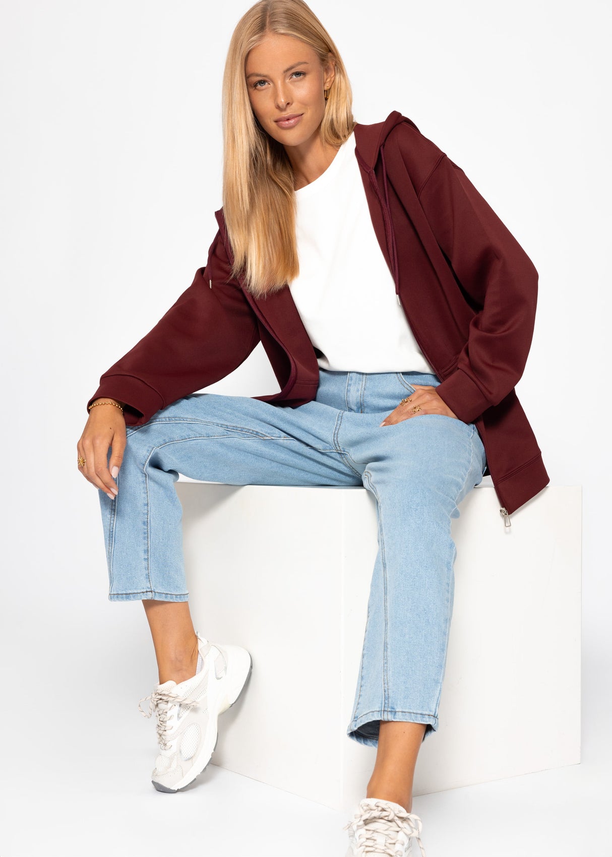 Oversized hooded sweatshirt jacket - burgundy