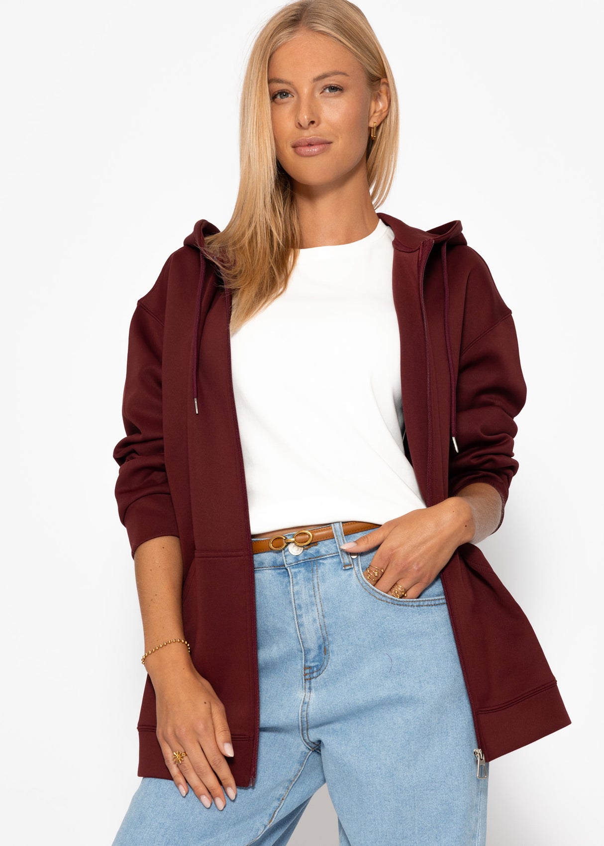 Oversized hooded sweatshirt jacket - burgundy
