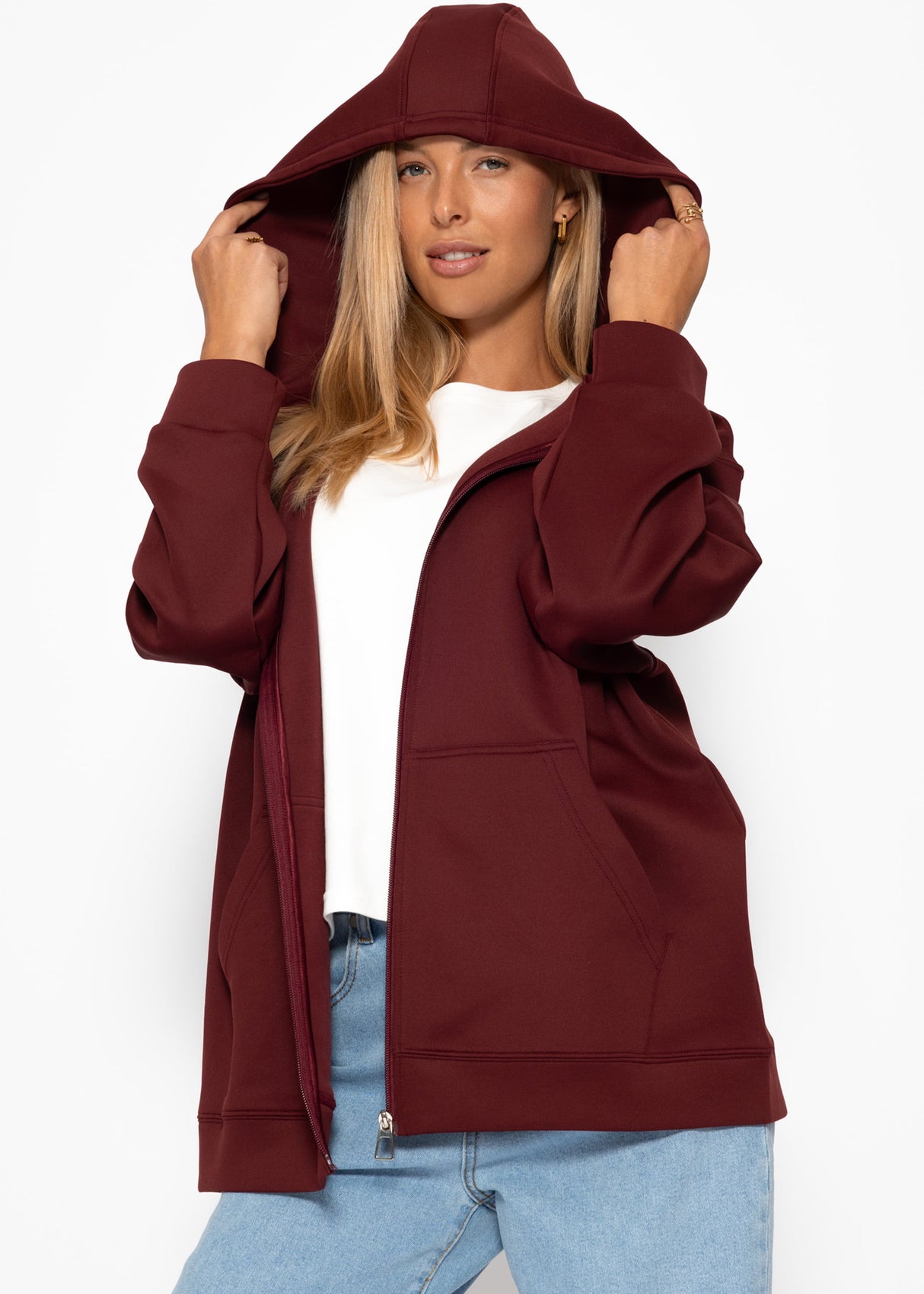 Oversized hooded sweatshirt jacket - burgundy