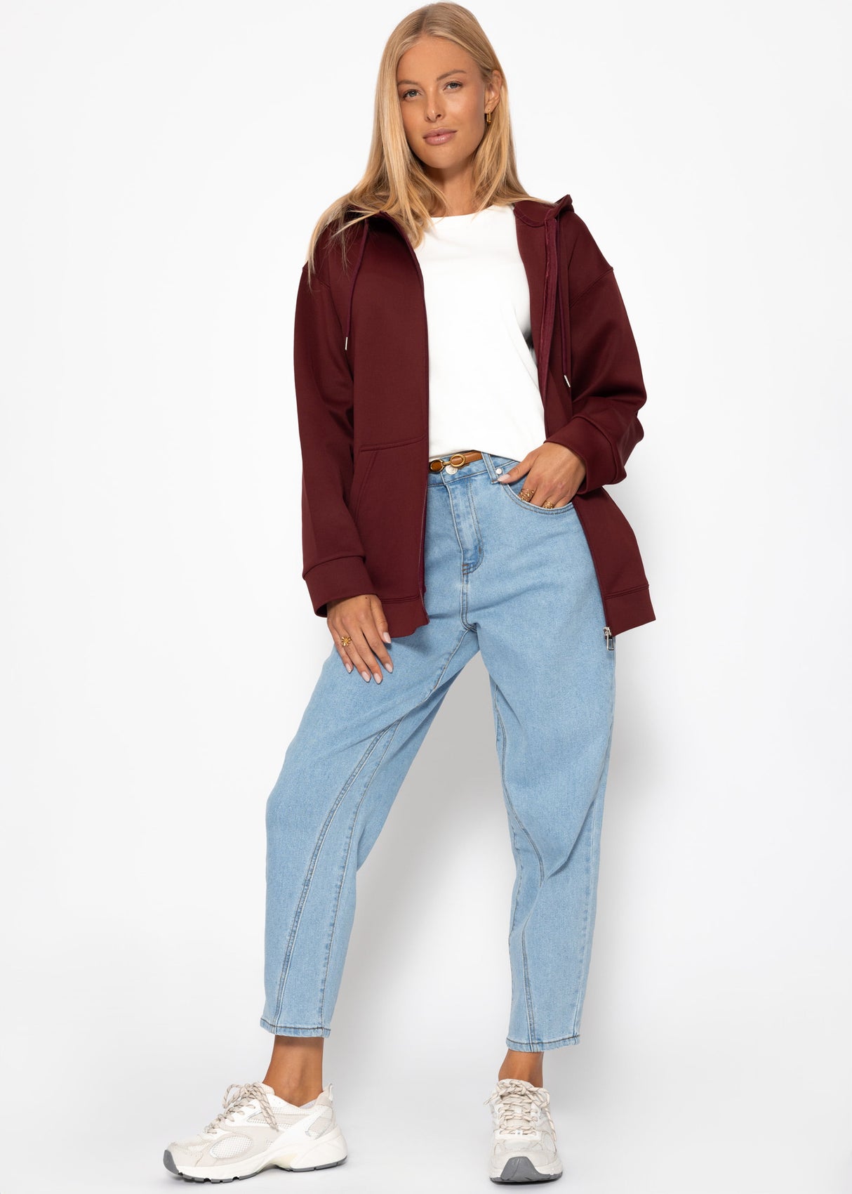 Oversized hooded sweatshirt jacket - burgundy