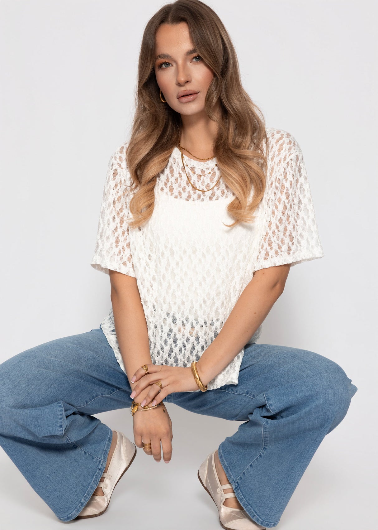 Oversize T-Shirt aus Spitze - weiß