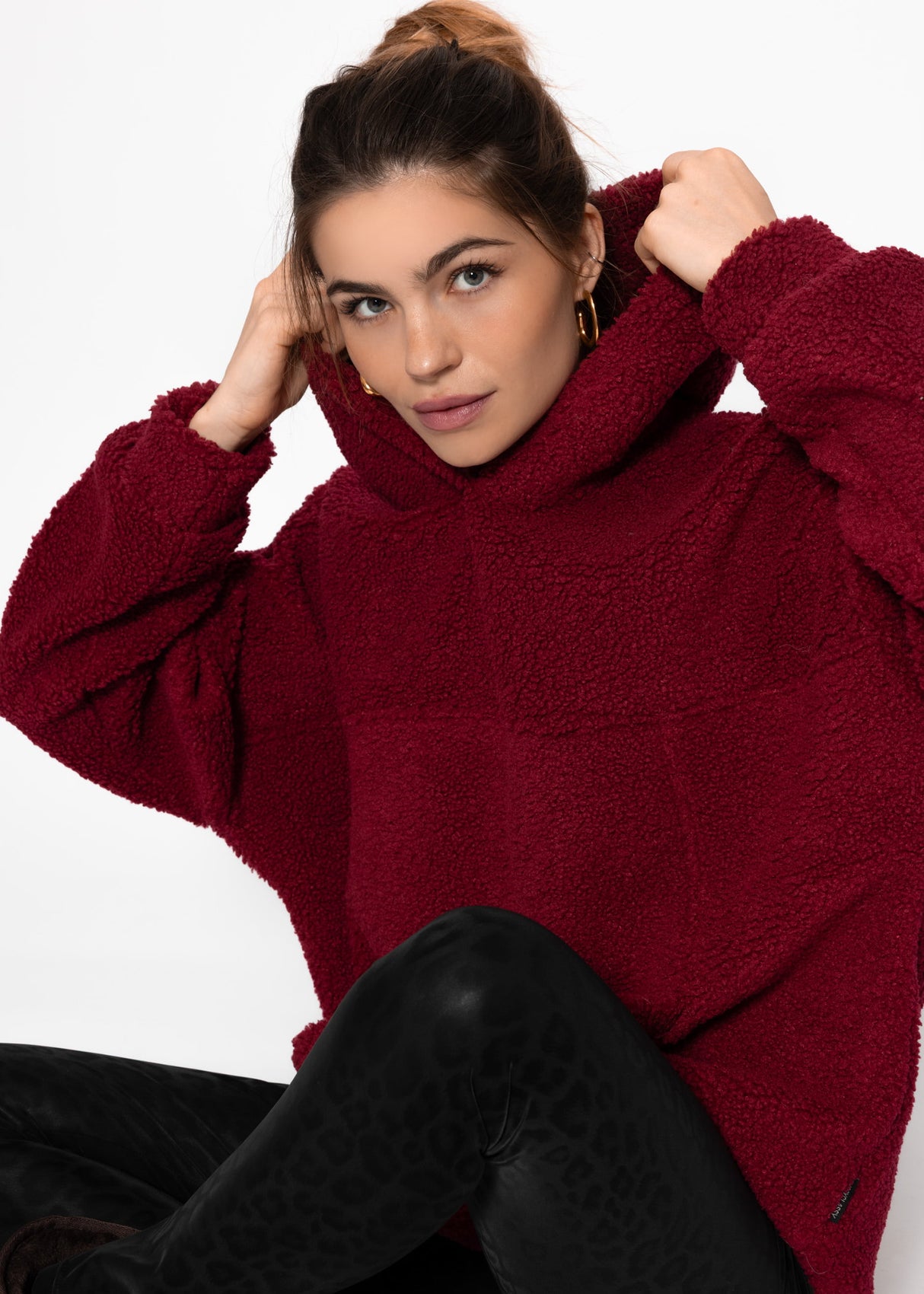 Oversized teddy sweatshirt with hood - wine red