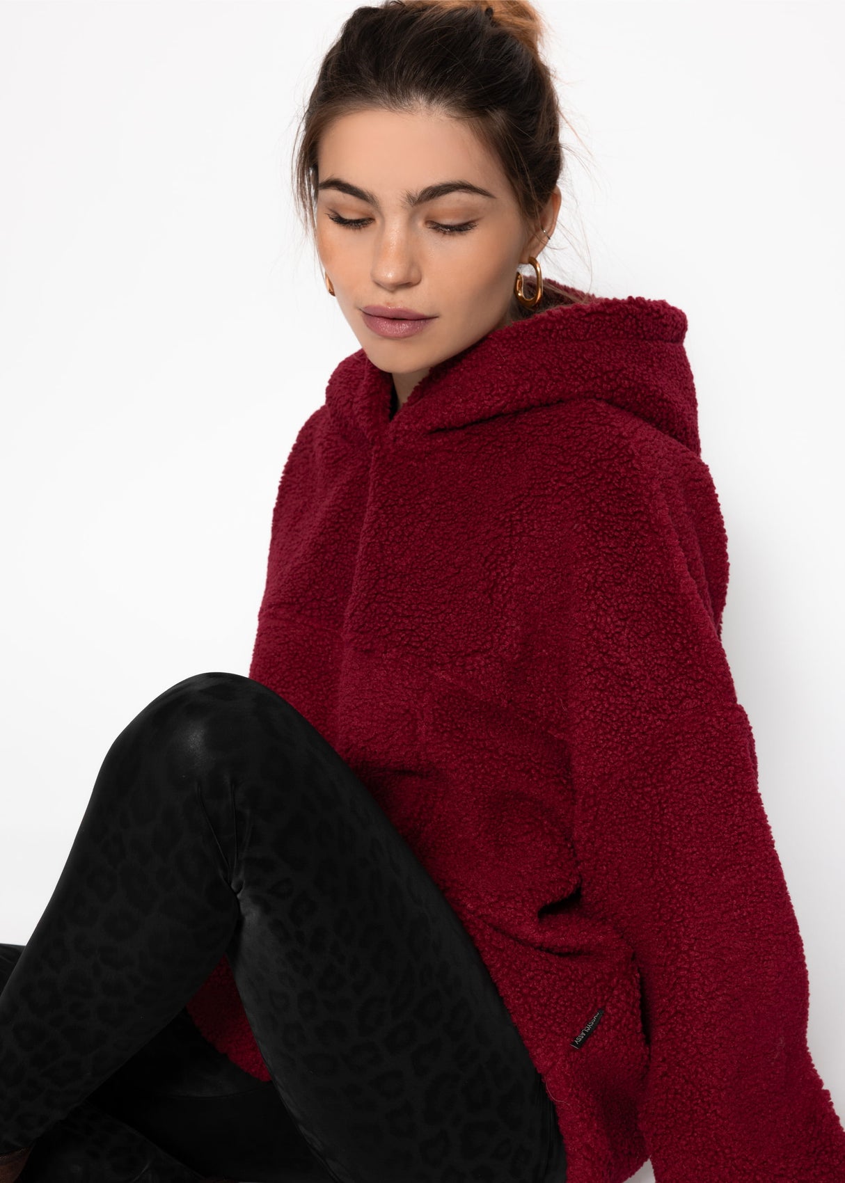 Oversized teddy sweatshirt with hood - wine red