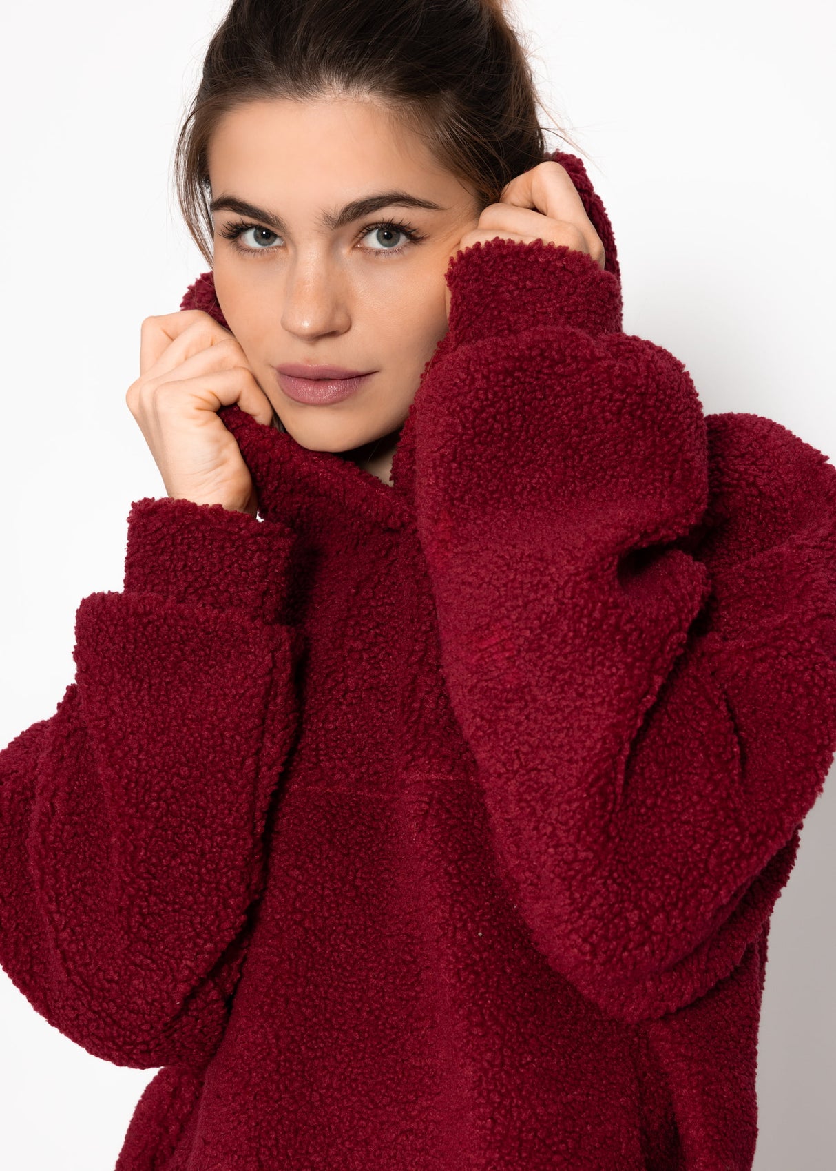 Oversized teddy sweatshirt with hood - wine red