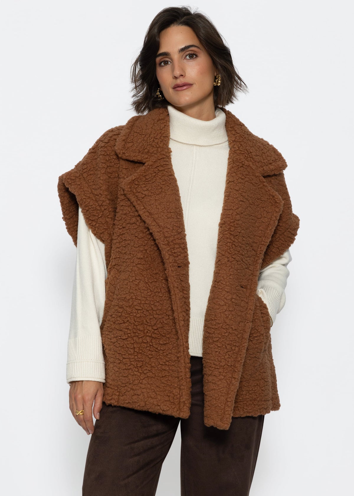 Oversize Teddy-Weste mit Reverskragen - camel